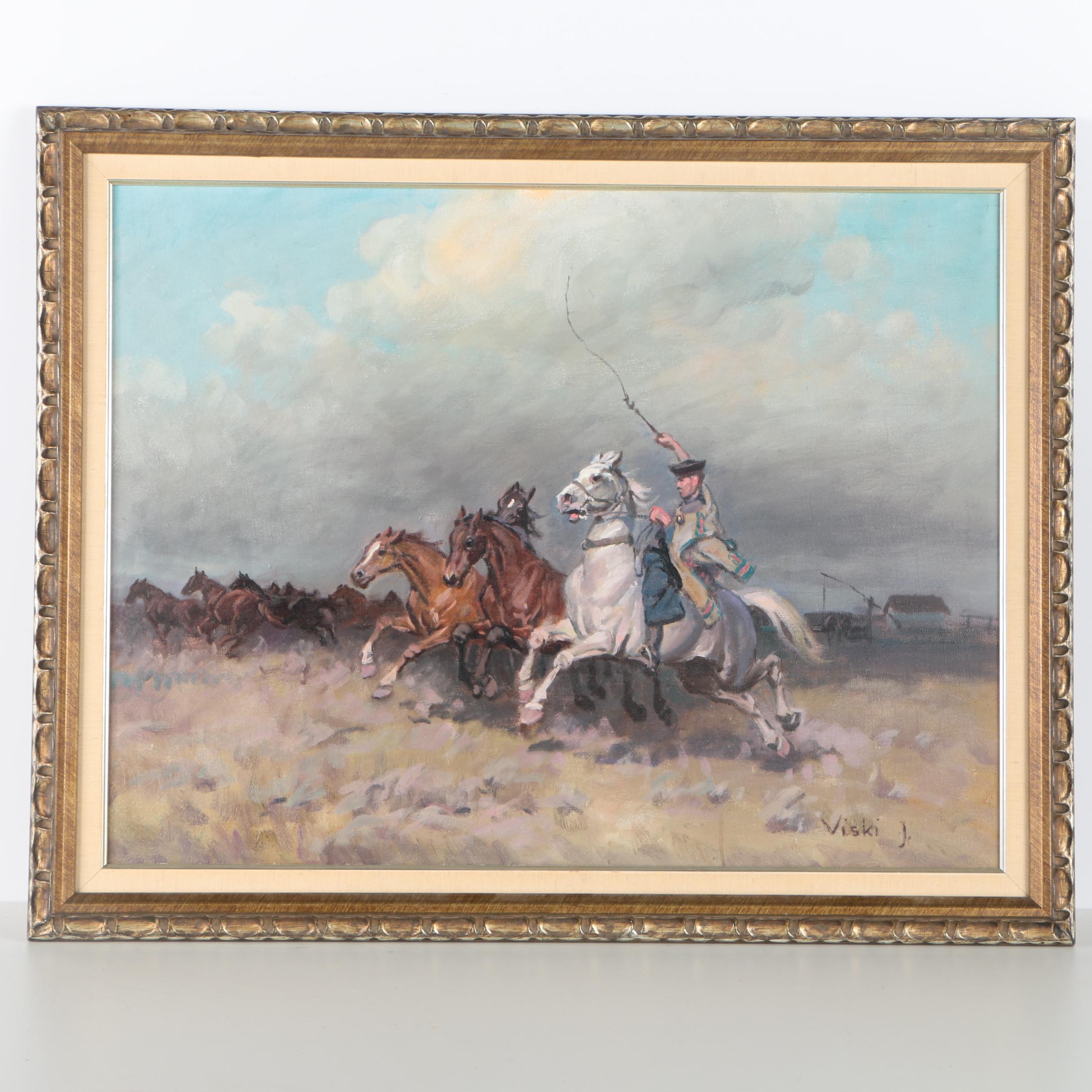 Viski J. Oil Painting of Corralling Horses