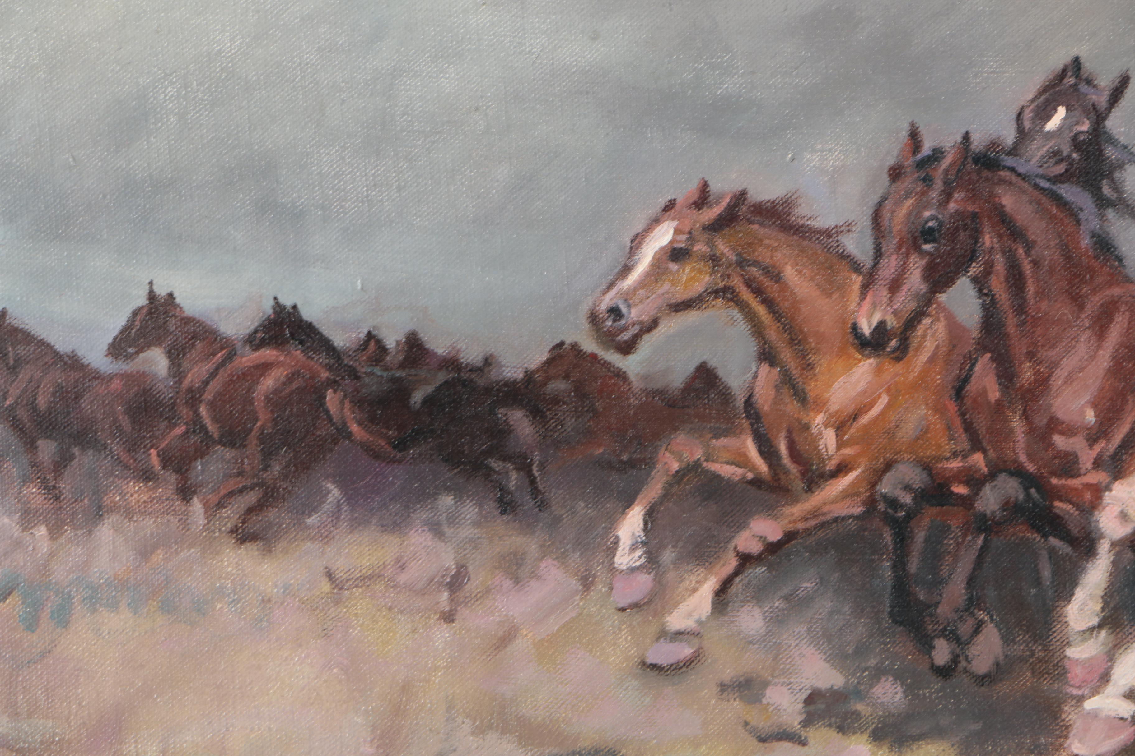 Viski J. Oil Painting of Corralling Horses