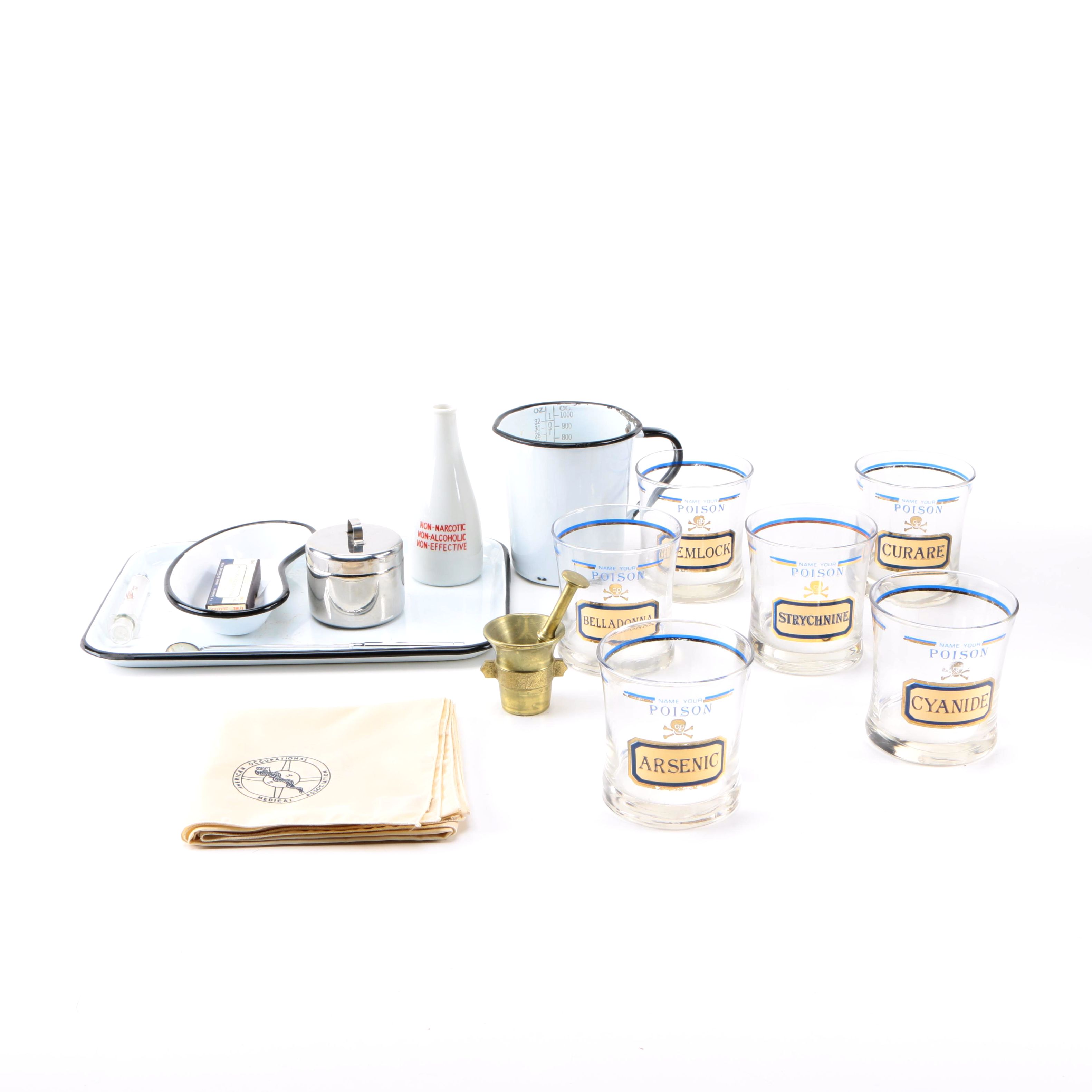 Assorted Poison Drinking Glasses and Medical Supplies