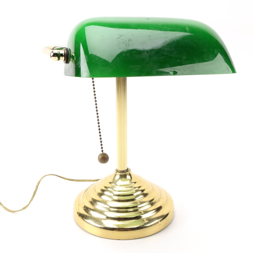 Green and Gold-Tone Banker's Lamp