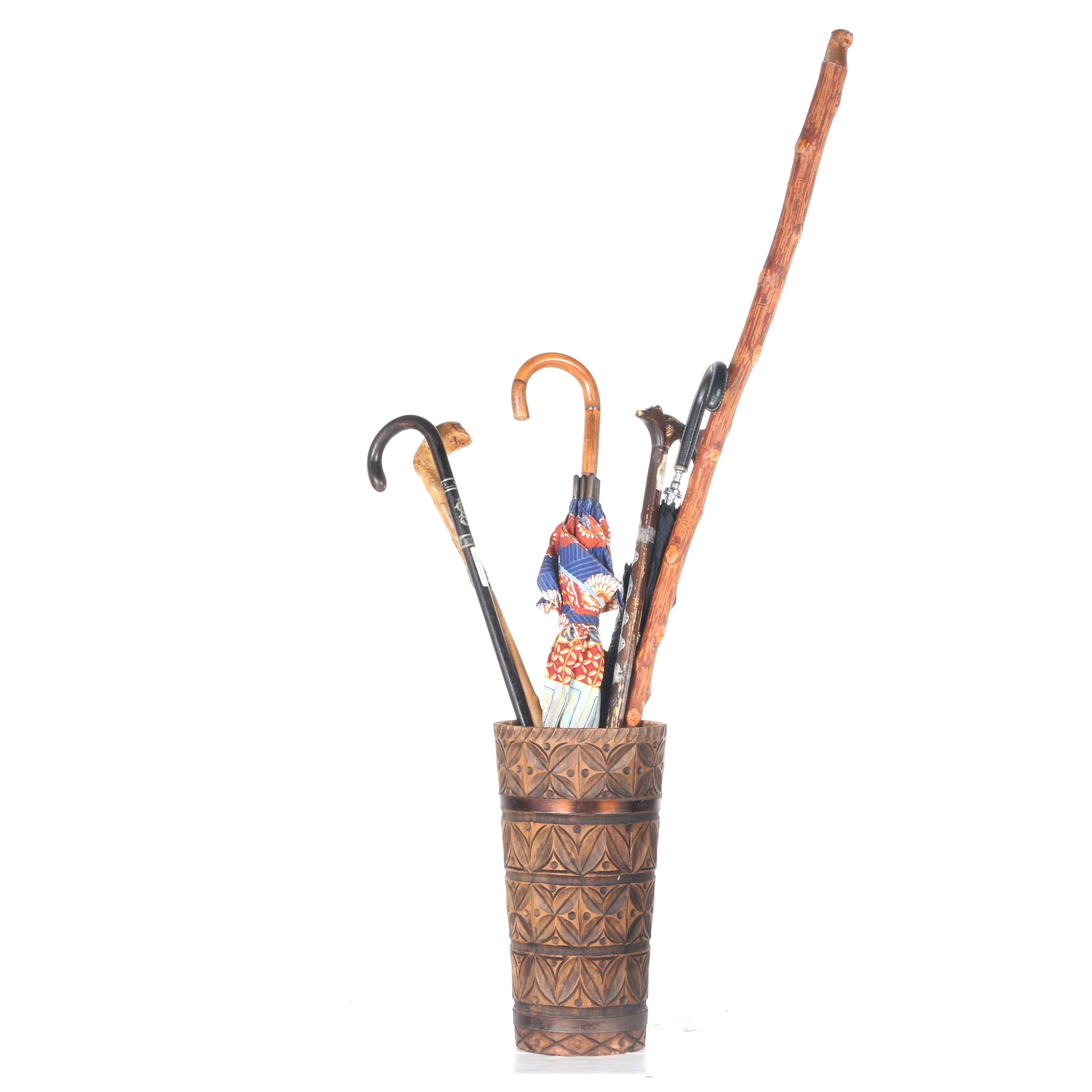 Wooden Canes and Umbrellas with Umbrella Stand