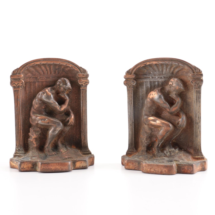 Bronze Bookends With Relief After Rodin's Sculpture "The Thinker"