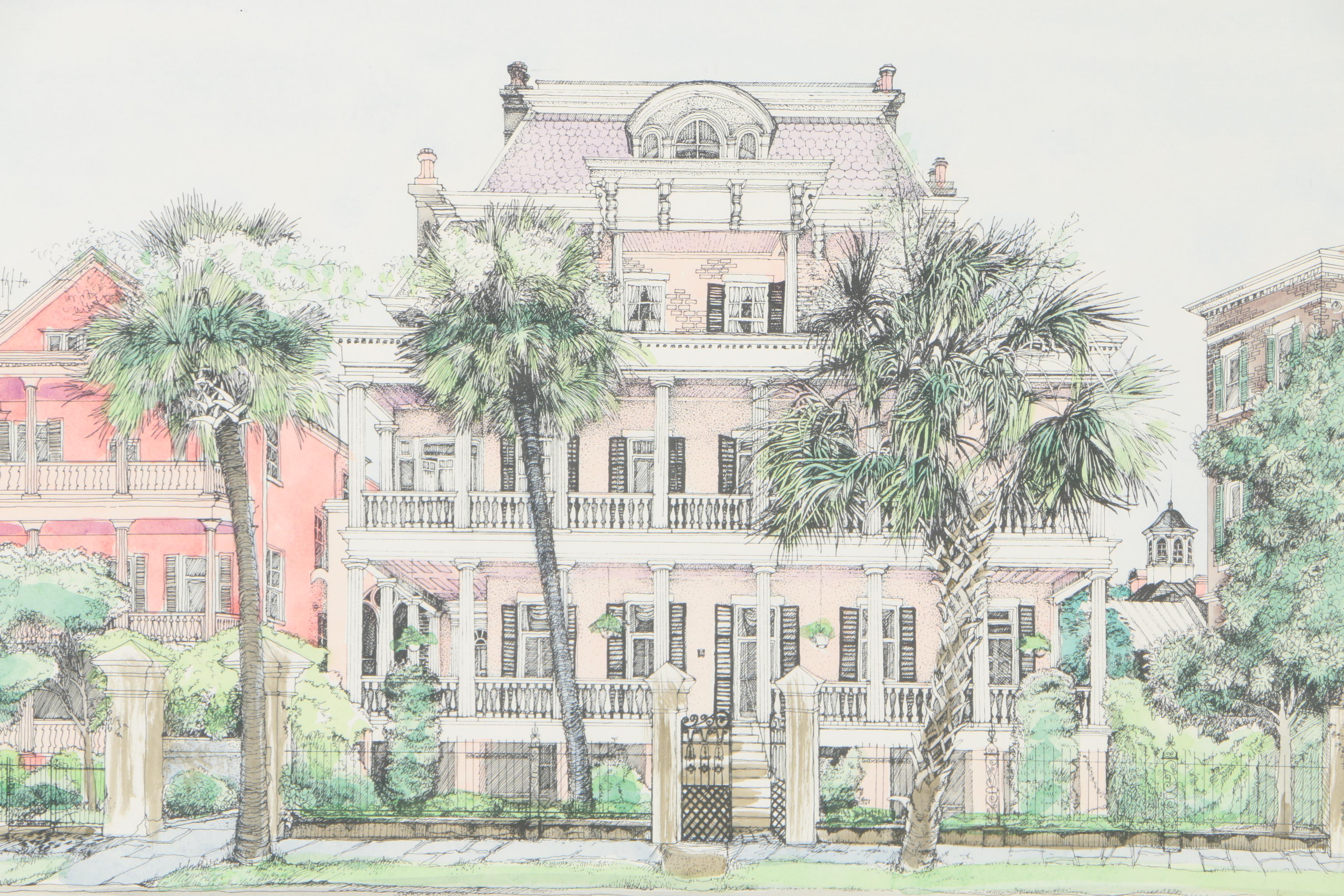 Judith Cummings Hand-Colored Lithograph "Battery Carriage House, Charleston"