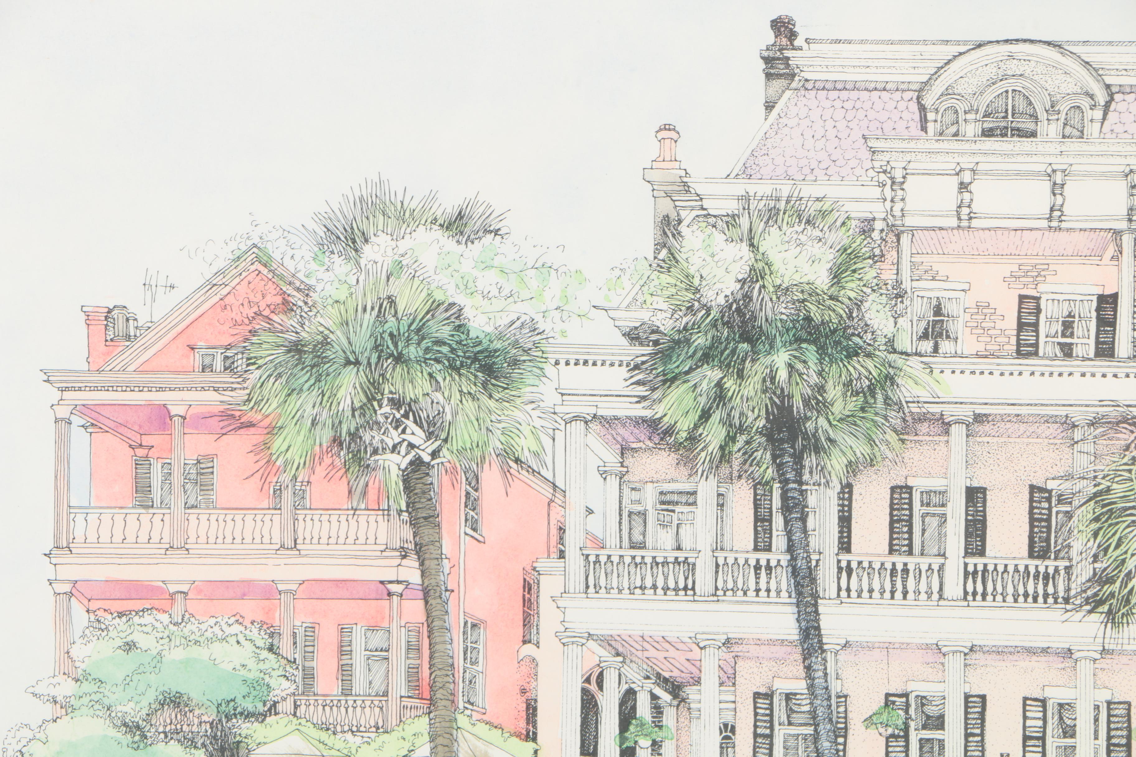 Judith Cummings Hand-Colored Lithograph "Battery Carriage House, Charleston"