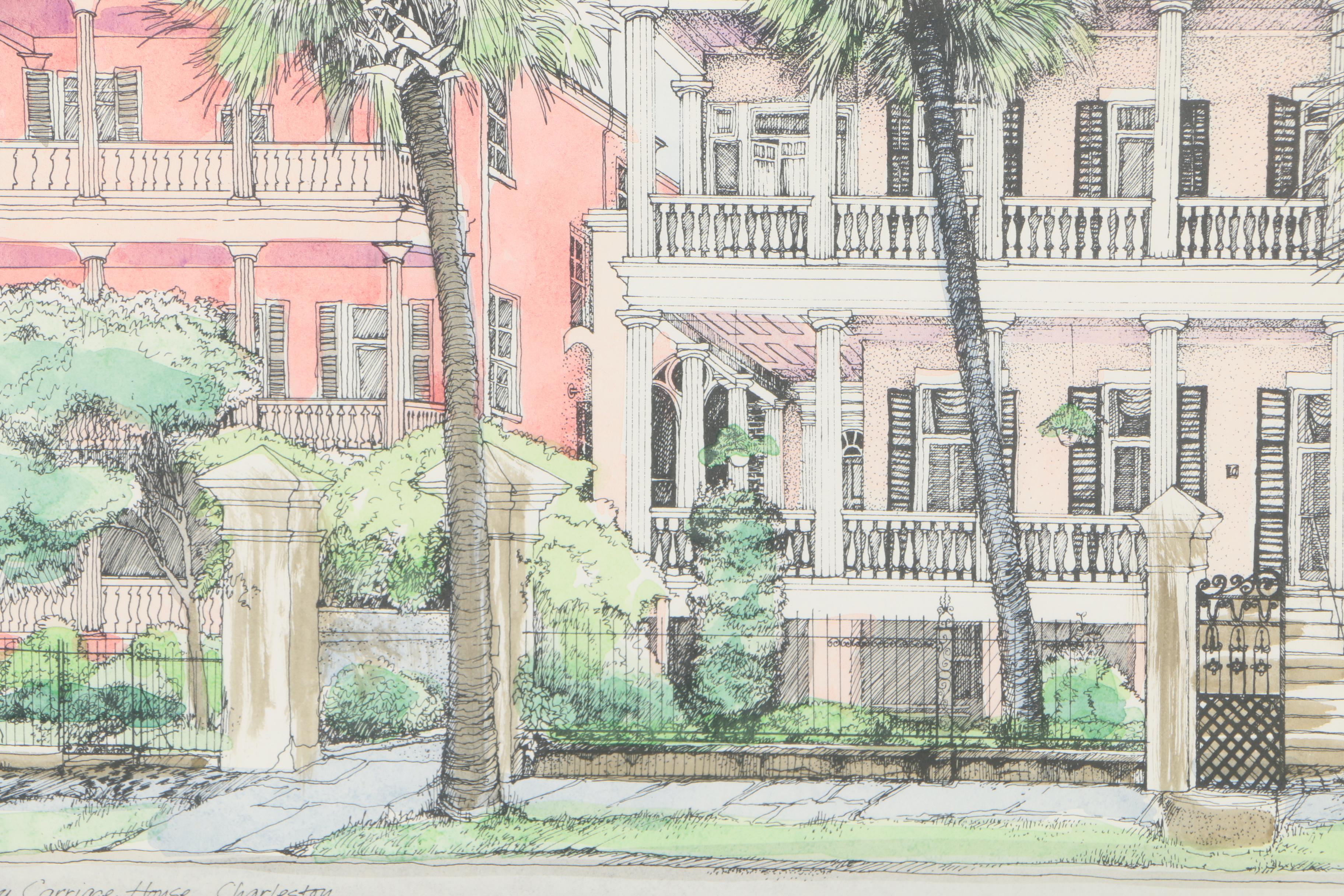 Judith Cummings Hand-Colored Lithograph "Battery Carriage House, Charleston"