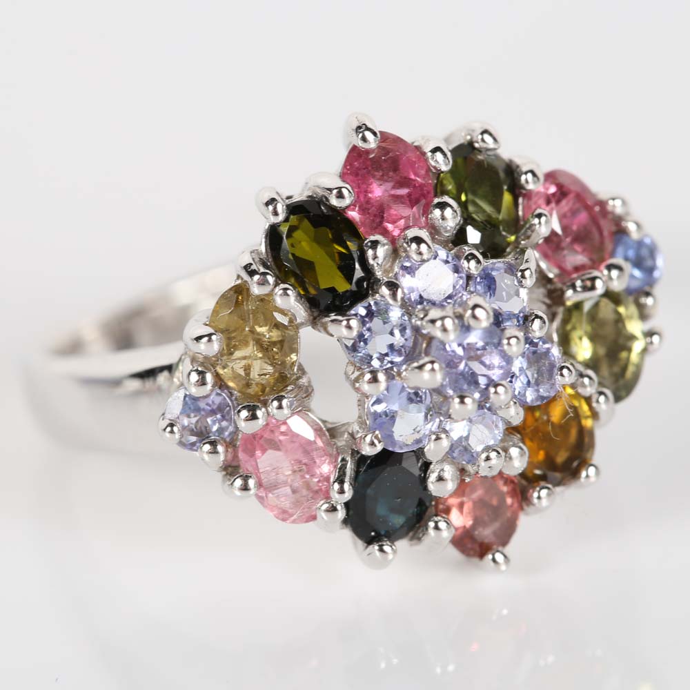 Sterling Silver Multi-Color Tourmaline and Tanzanite Cluster Ring