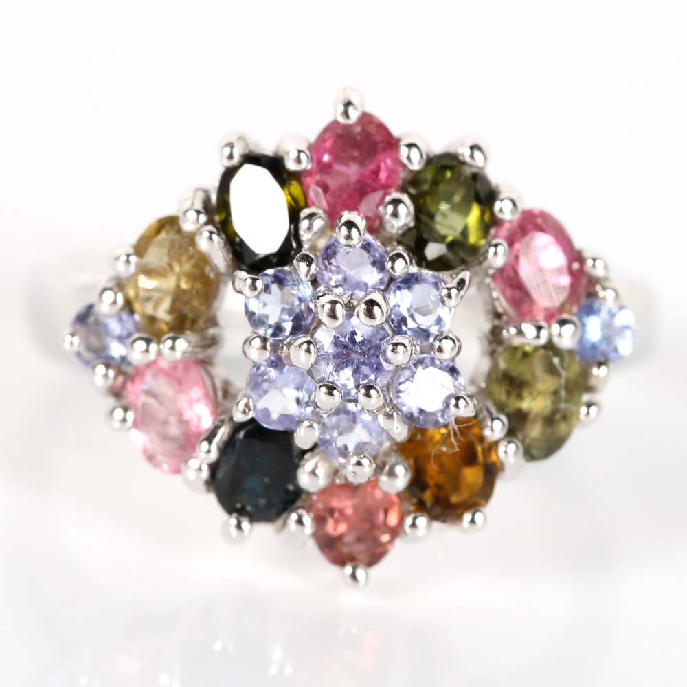 Sterling Silver Multi-Color Tourmaline and Tanzanite Cluster Ring