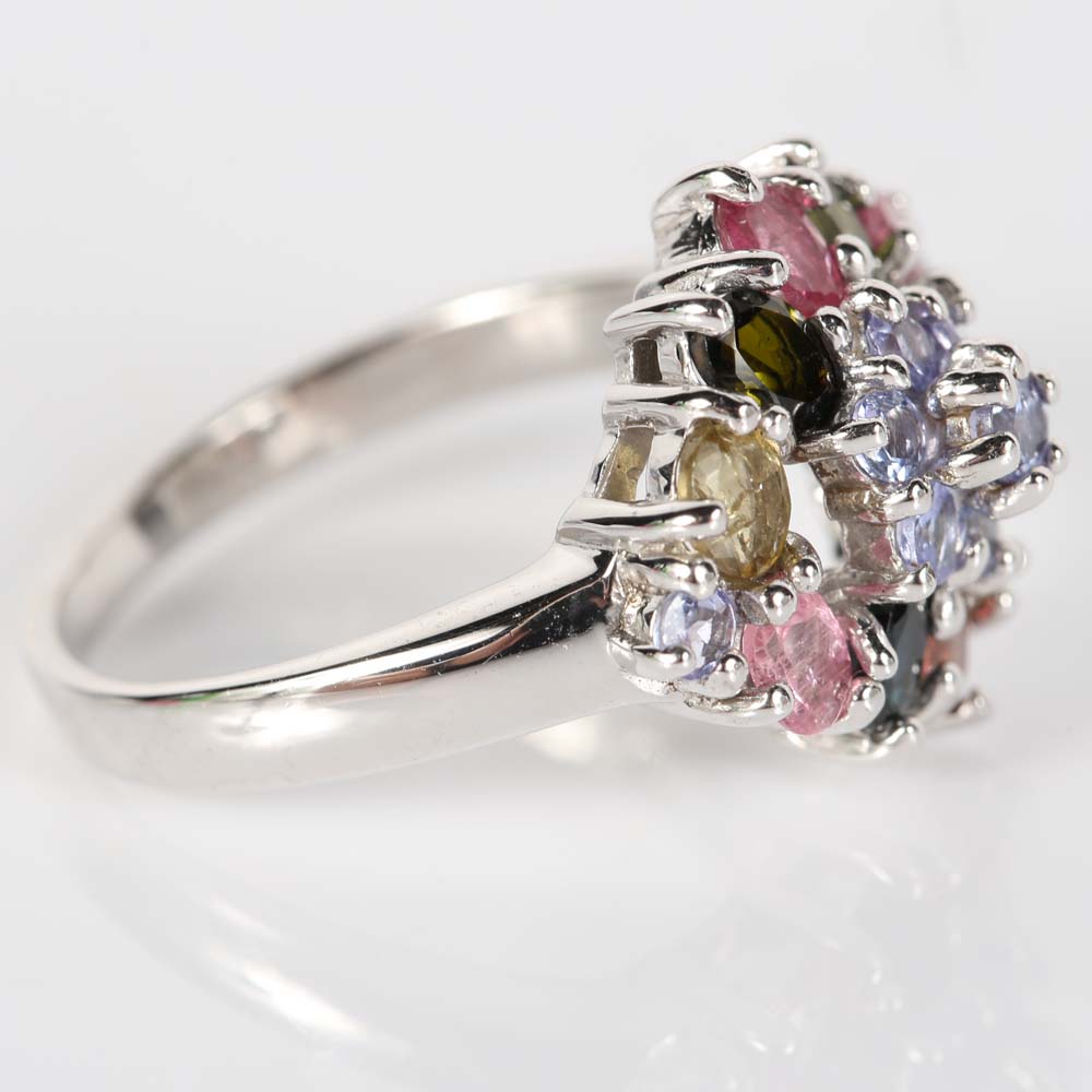 Sterling Silver Multi-Color Tourmaline and Tanzanite Cluster Ring