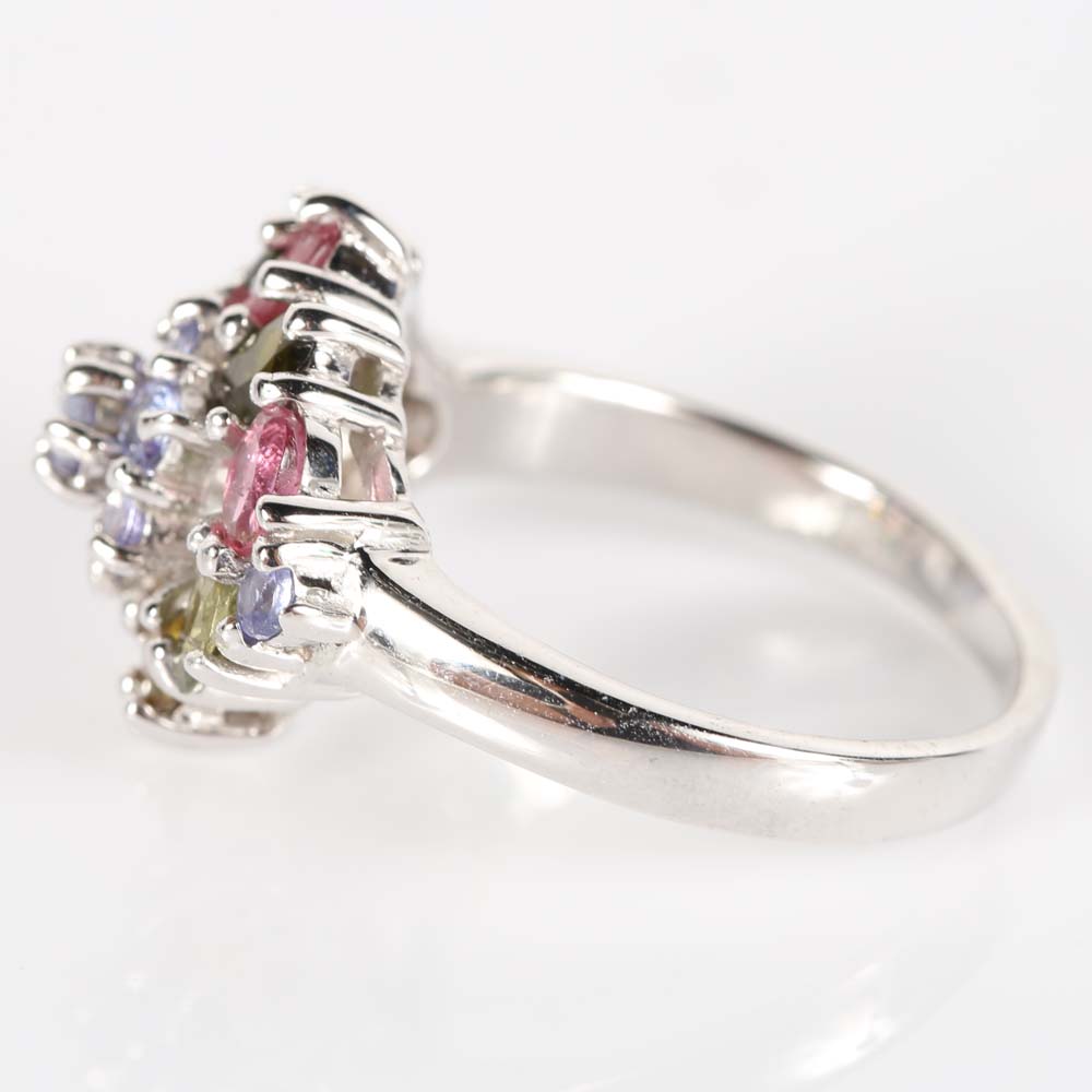 Sterling Silver Multi-Color Tourmaline and Tanzanite Cluster Ring