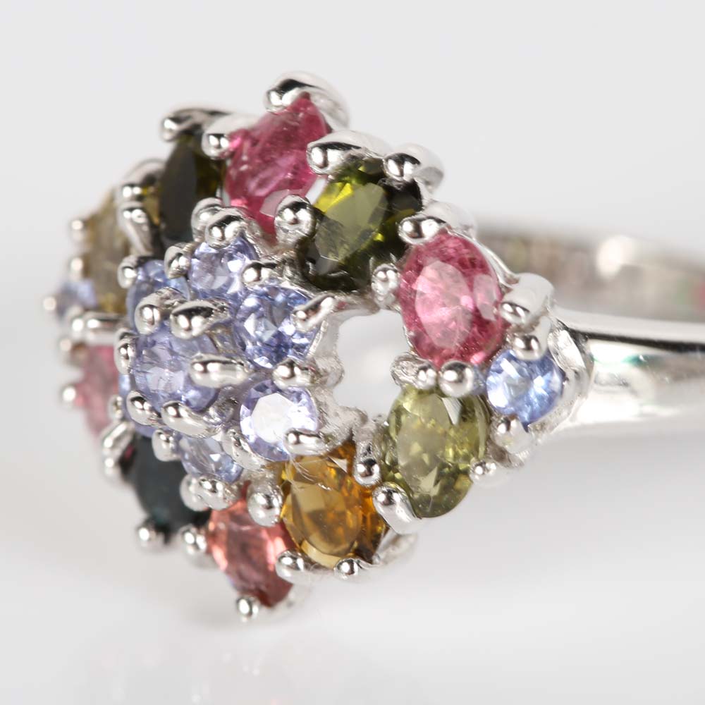 Sterling Silver Multi-Color Tourmaline and Tanzanite Cluster Ring