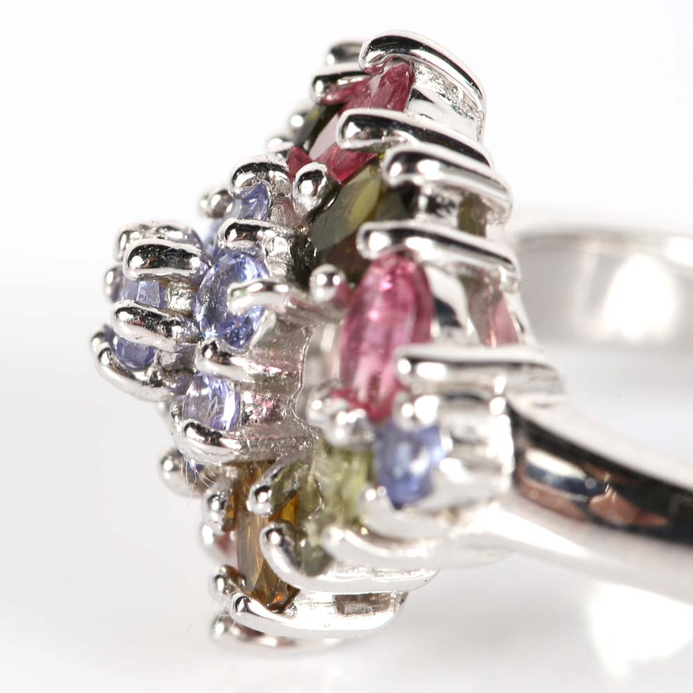 Sterling Silver Multi-Color Tourmaline and Tanzanite Cluster Ring