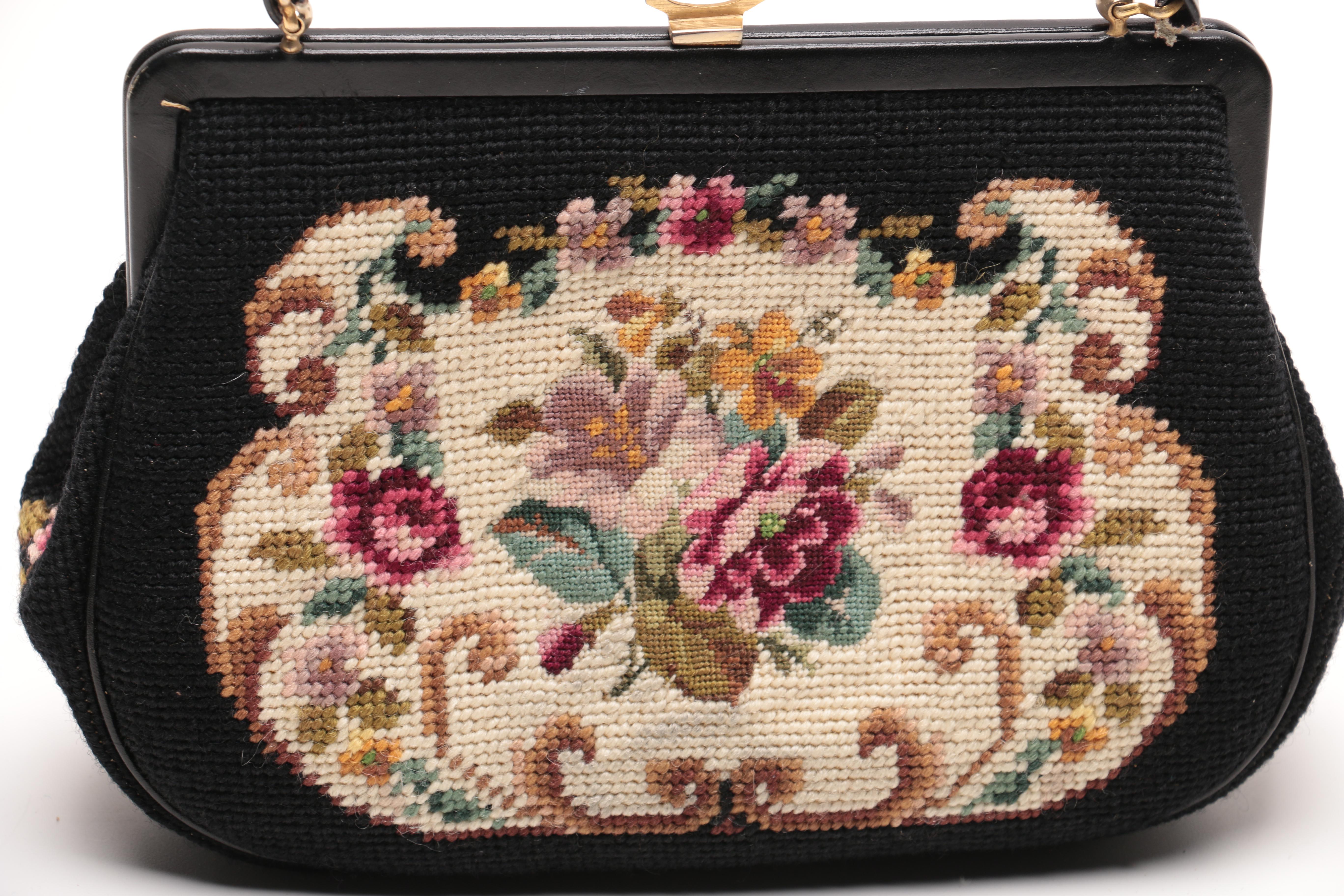 Vintage Embroidered Tapestry Handbag, Gloves and Kerchief