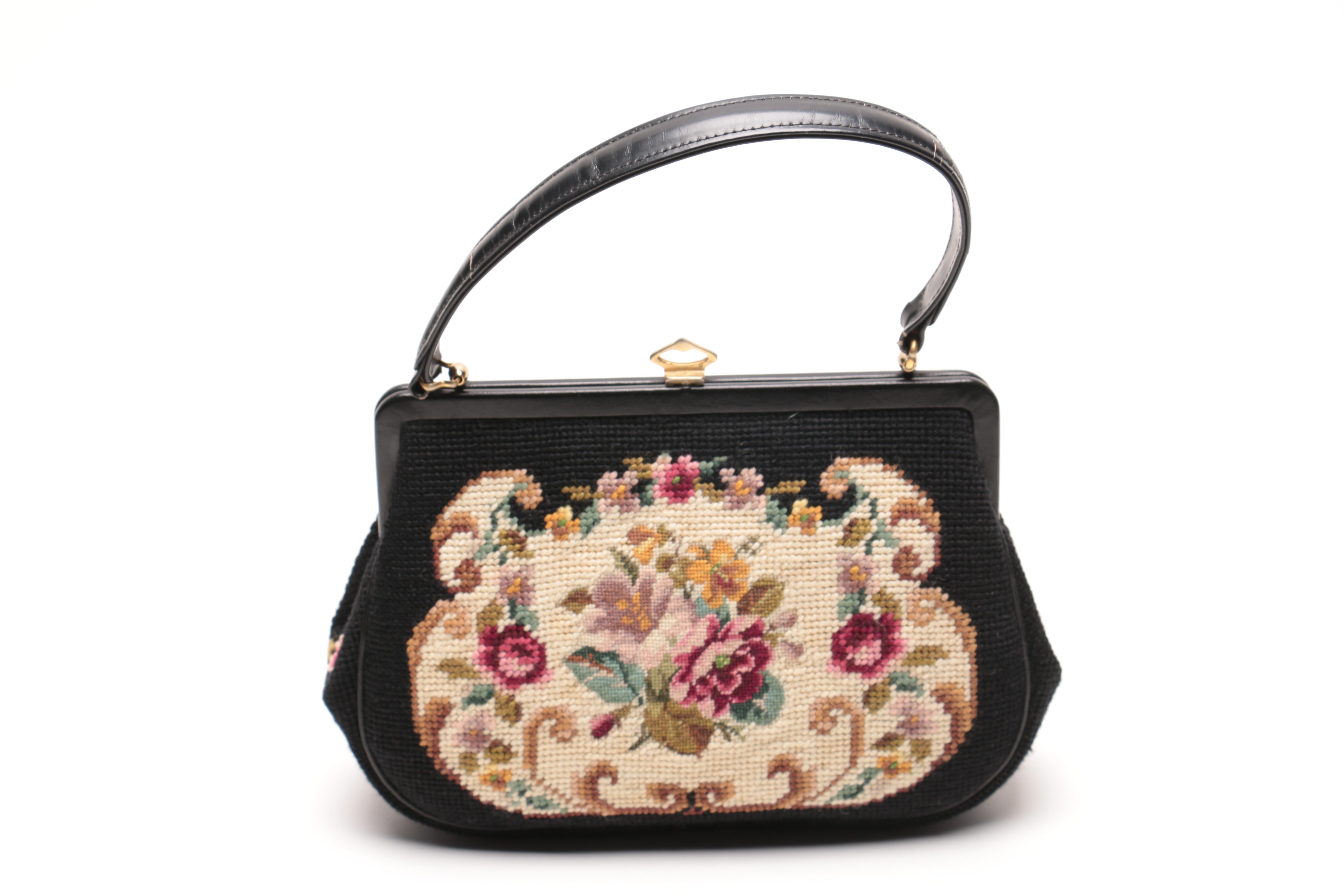 Vintage Embroidered Tapestry Handbag, Gloves and Kerchief