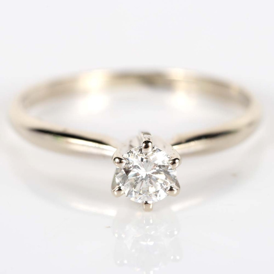 14K White Gold Round Brilliant Diamond Ring in a Six-Prong High Setting
