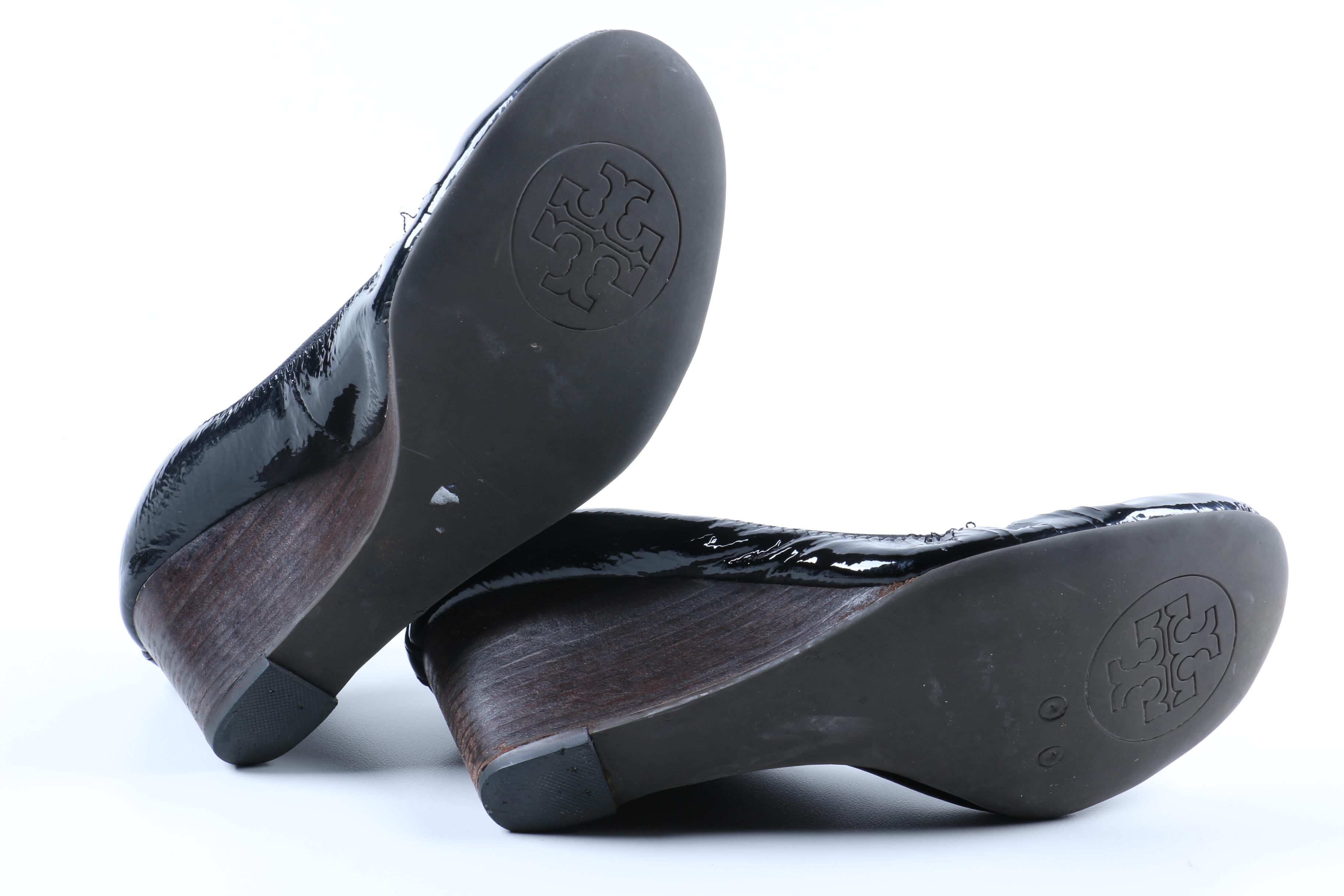 Pair of Tory Burch Black Patent Leather Wedges