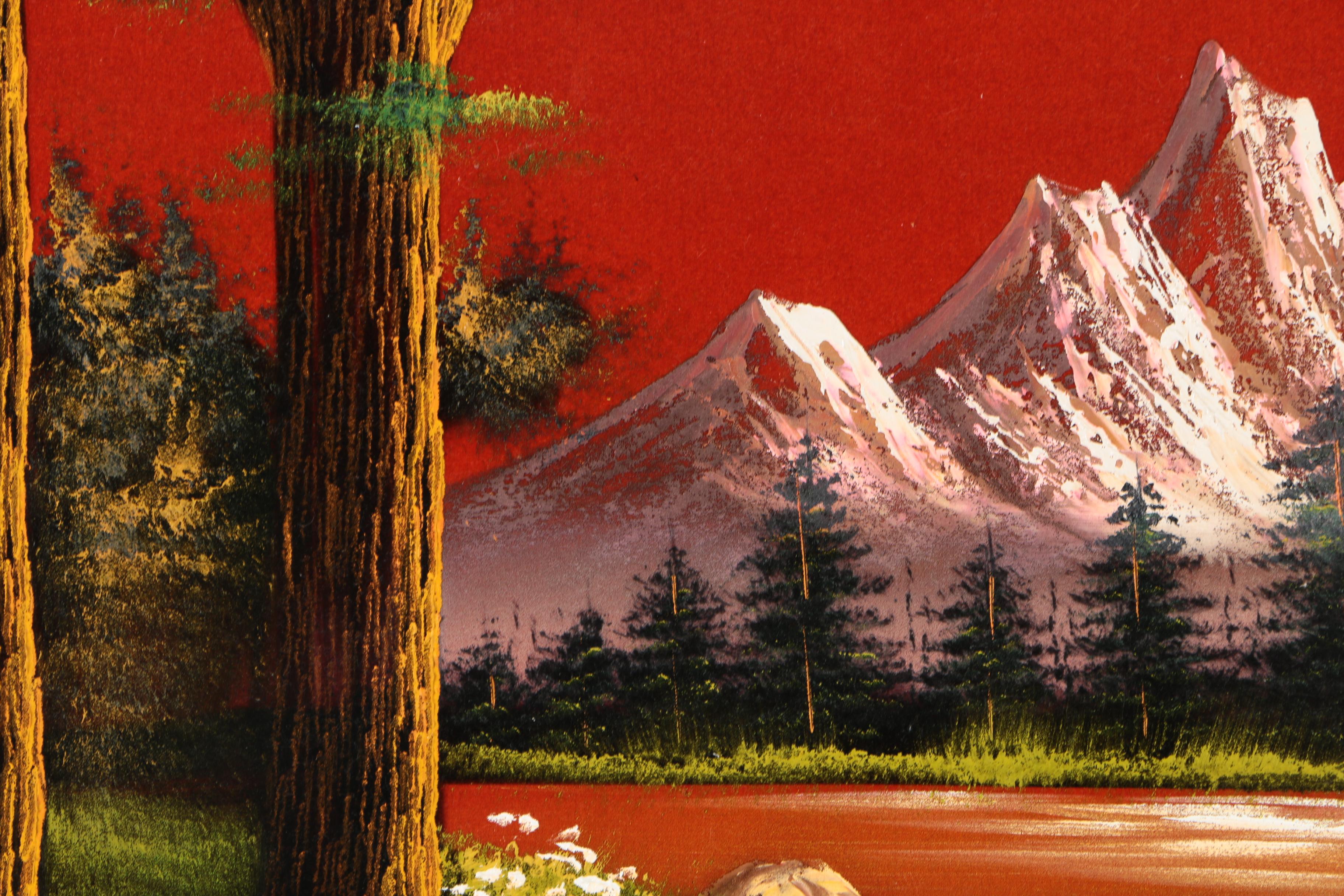 Oil on Red Velvet of a Mountain Landscape