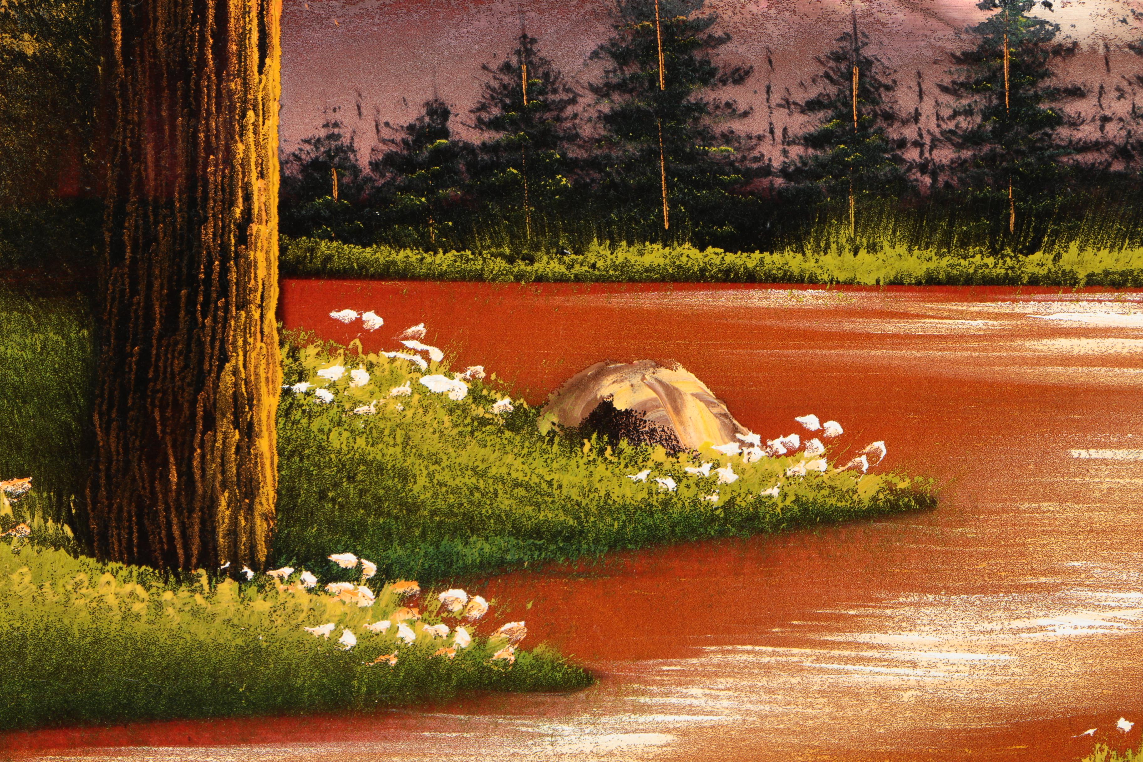 Oil on Red Velvet of a Mountain Landscape