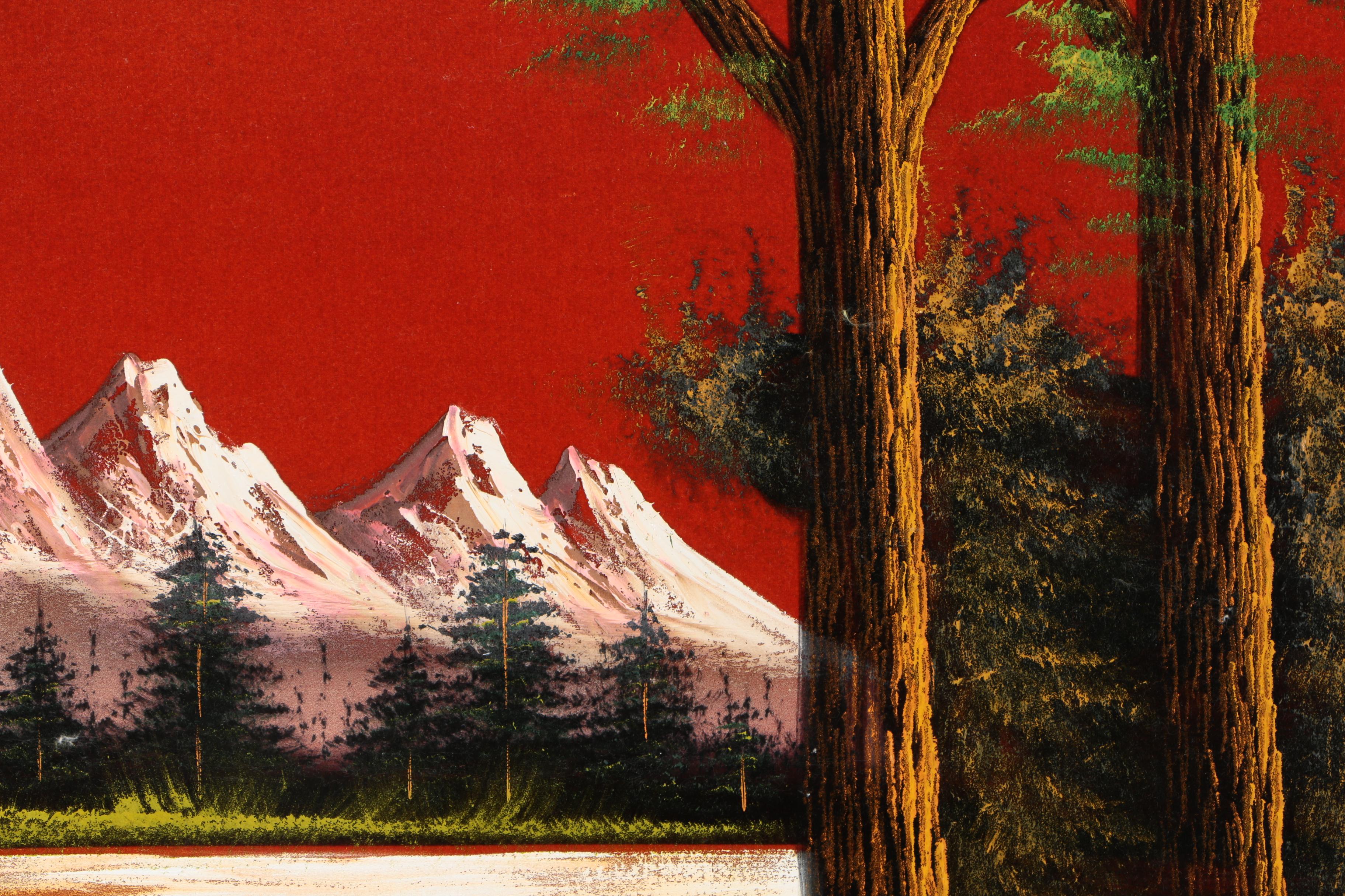 Oil on Red Velvet of a Mountain Landscape