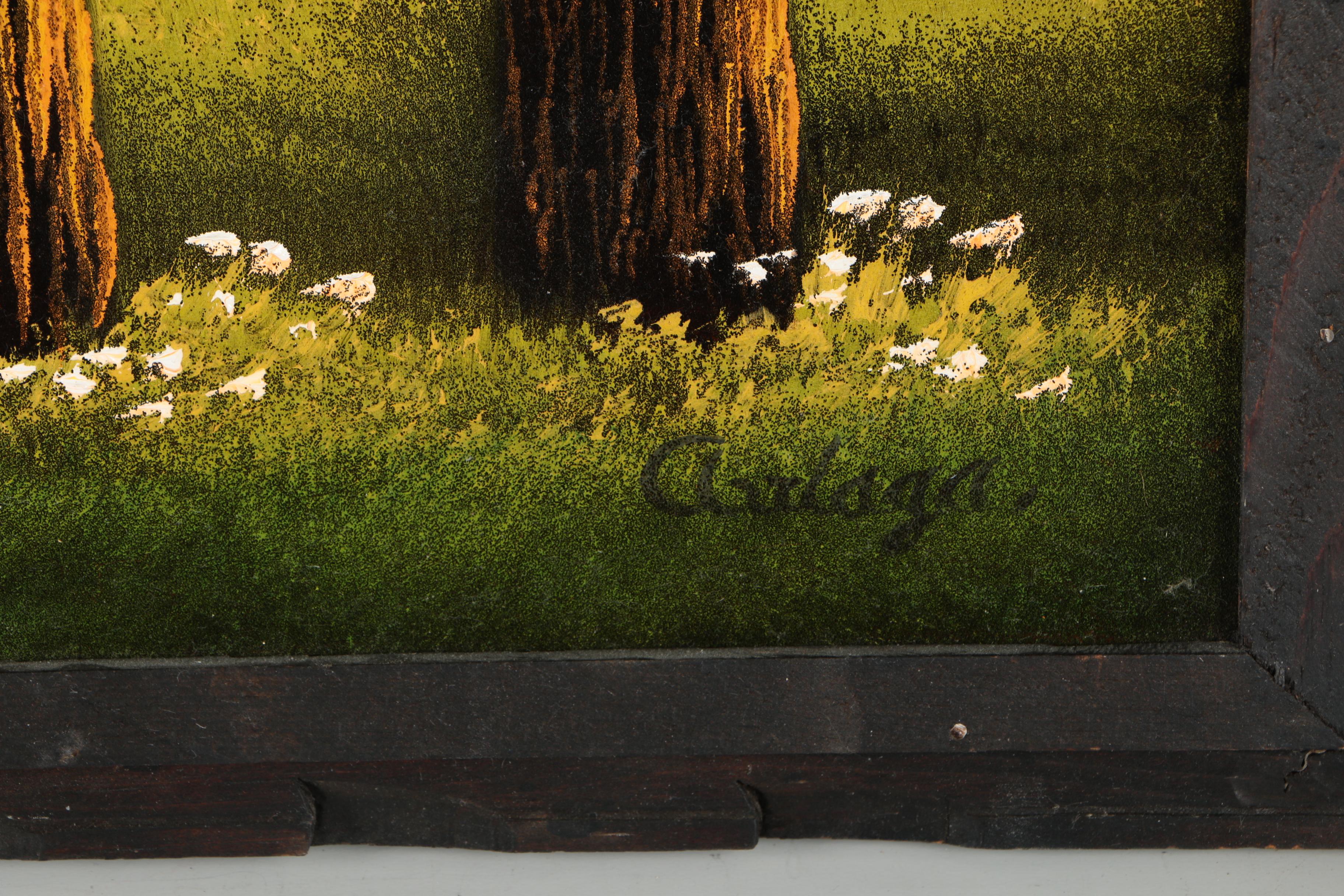 Oil on Red Velvet of a Mountain Landscape