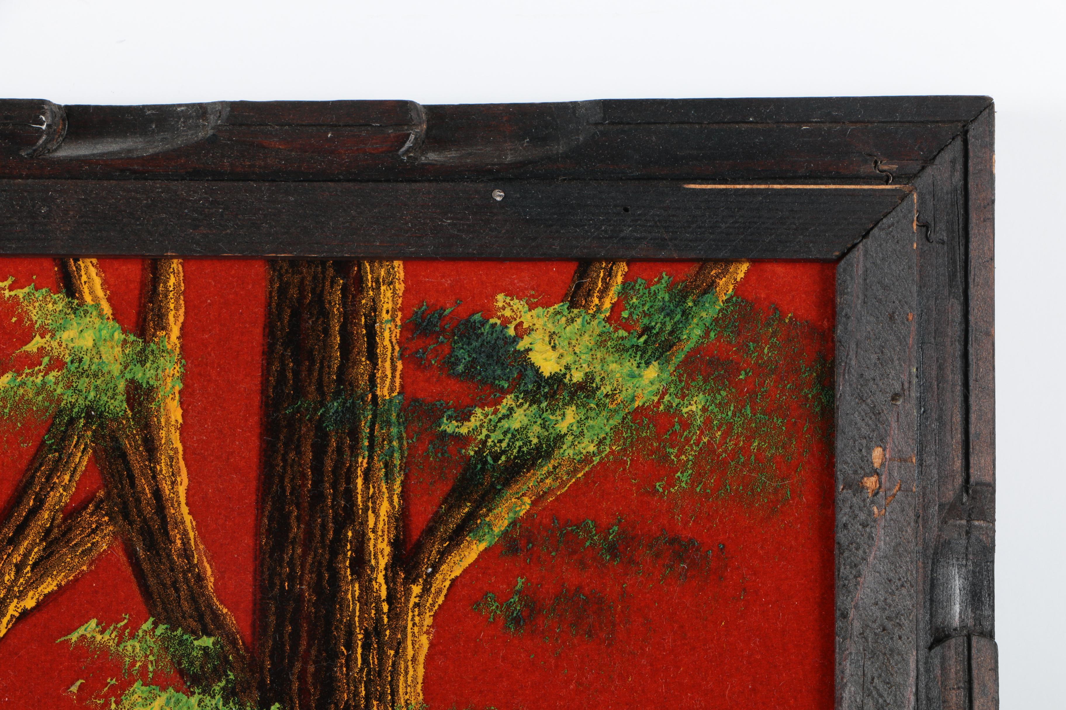 Oil on Red Velvet of a Mountain Landscape