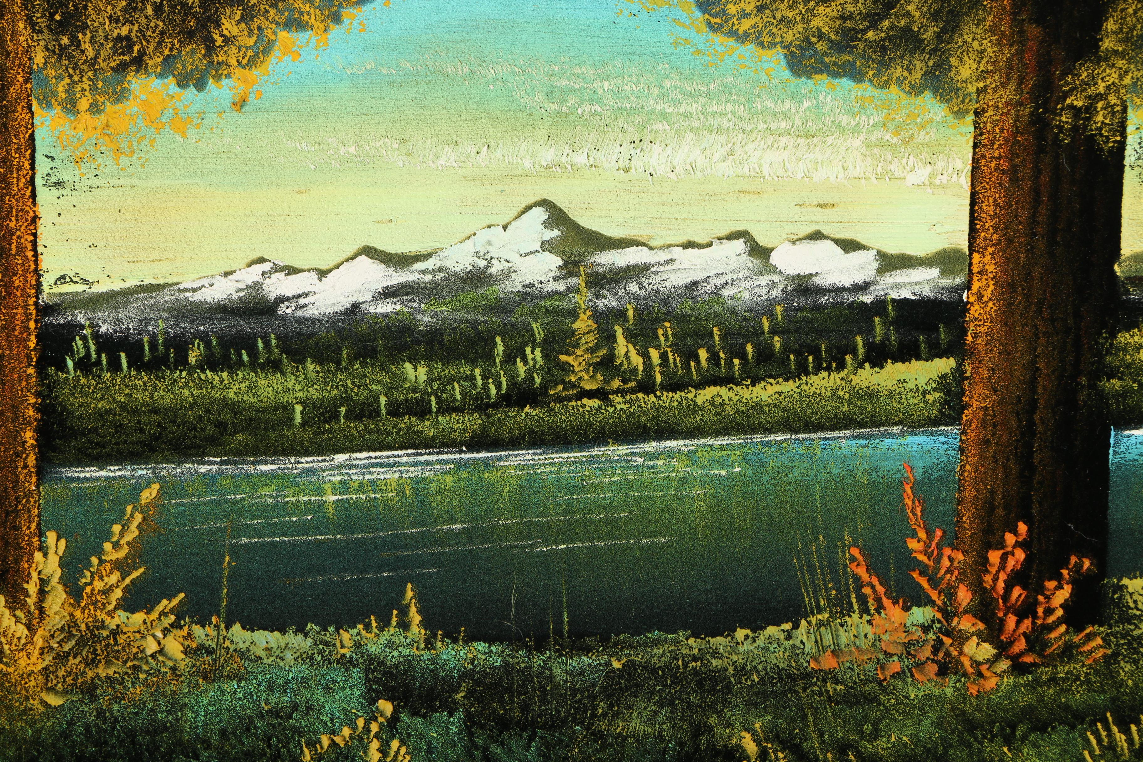 Oil Painting on Stretched Velvet of a River Landscape