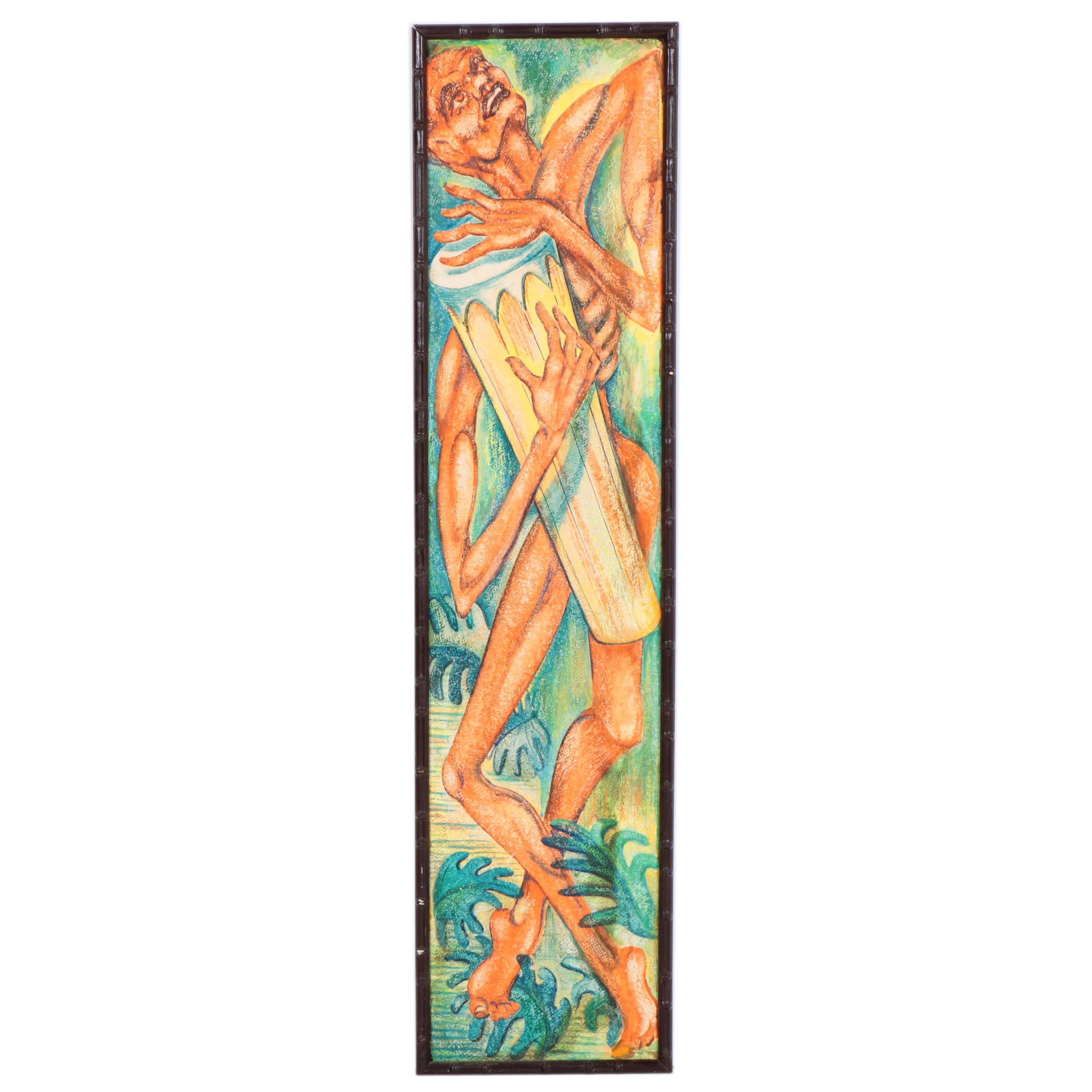 Acrylic Painting on Antique Cuban Drywall Board of a Man Drumming