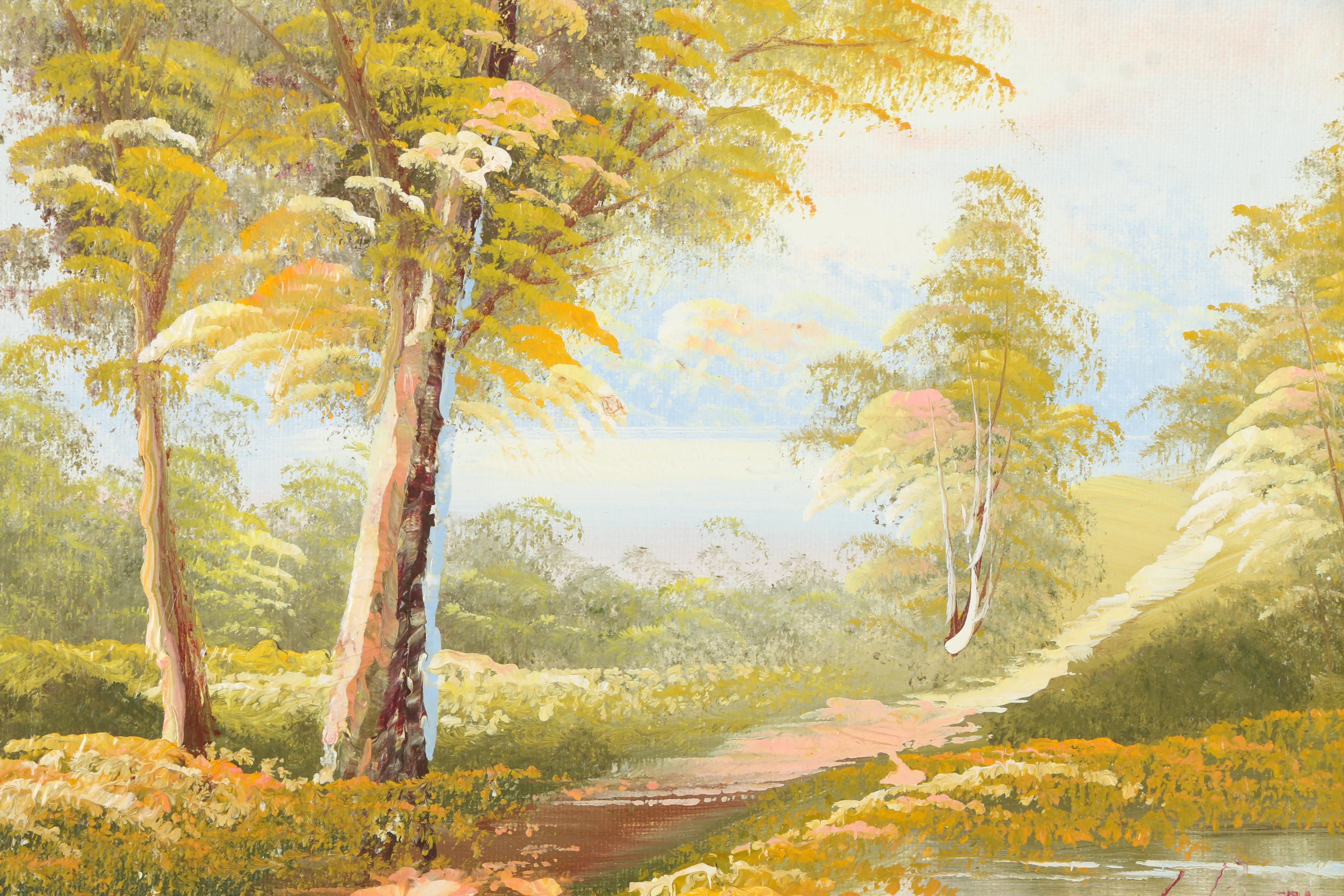 Oil Painting on Board of a Path Crossing a Spring Landscape
