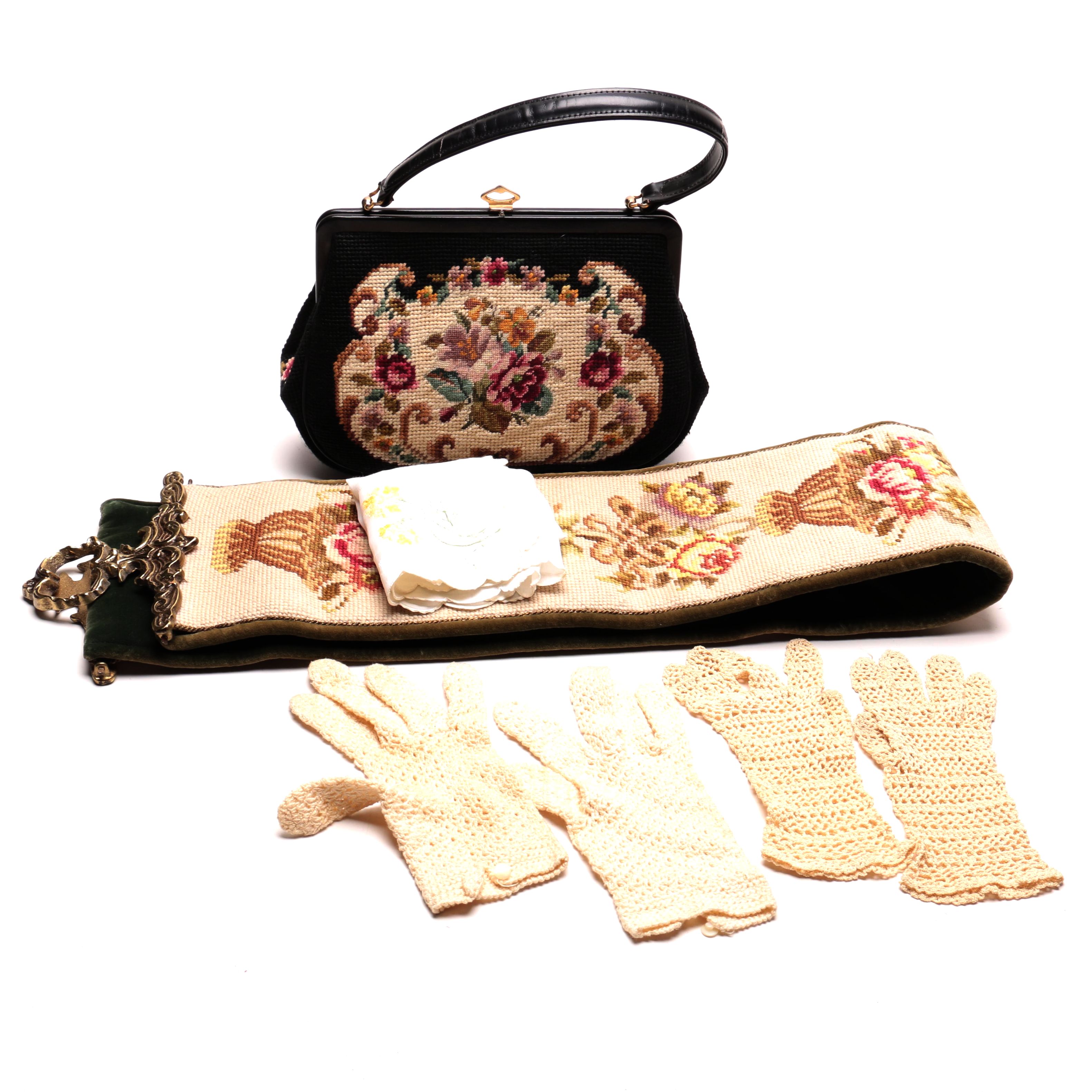 Vintage Embroidered Tapestry Handbag, Gloves and Kerchief