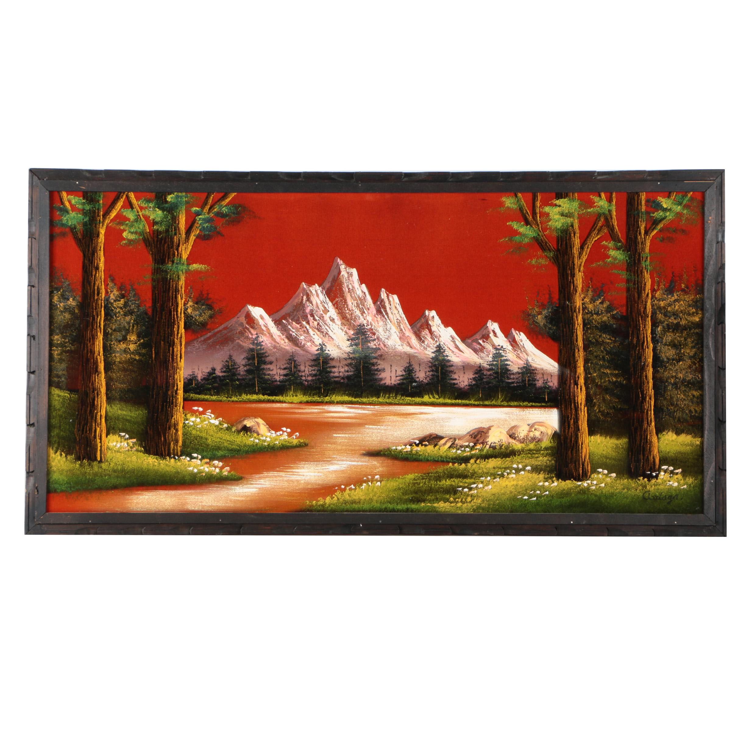 Oil on Red Velvet of a Mountain Landscape
