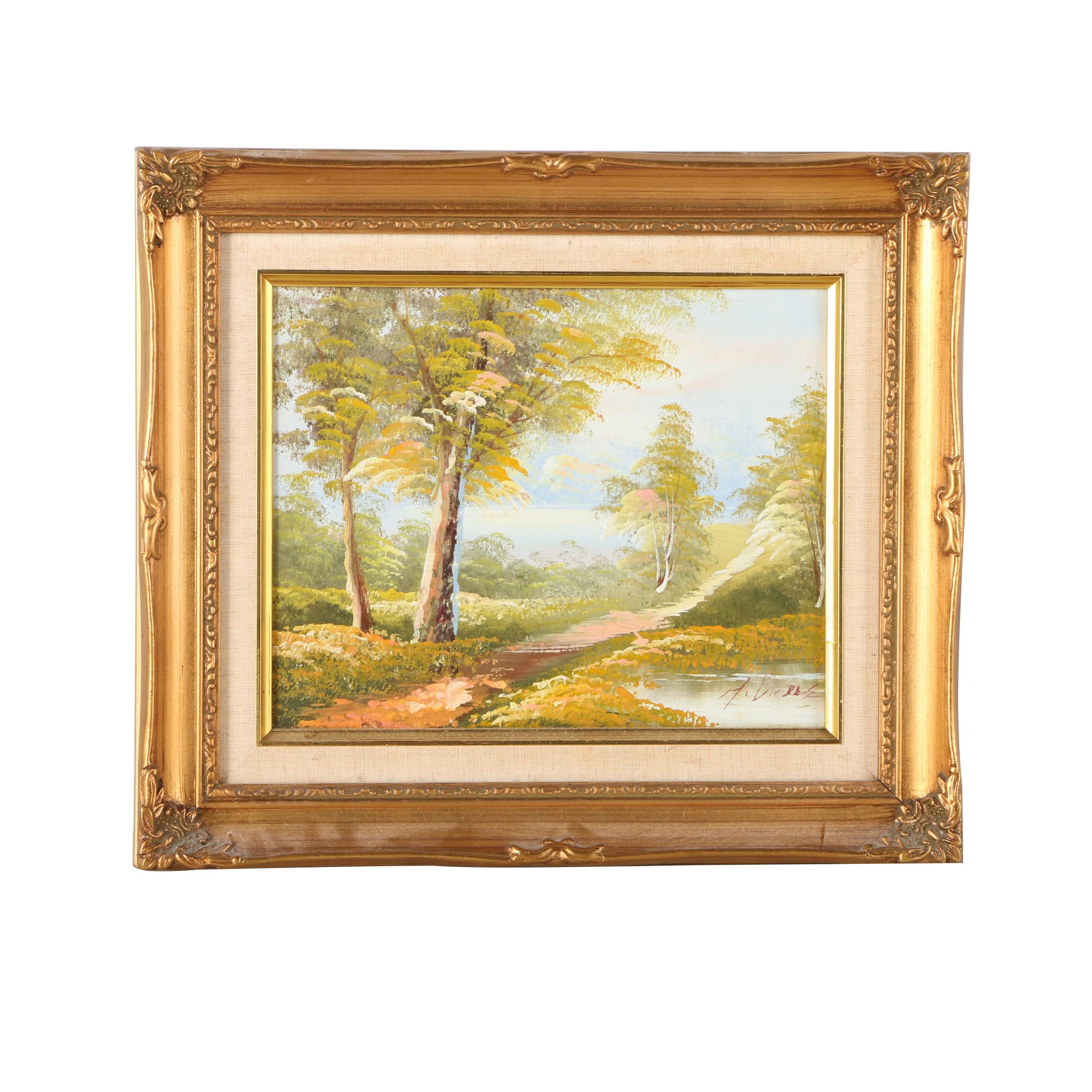 Oil Painting on Board of a Path Crossing a Spring Landscape