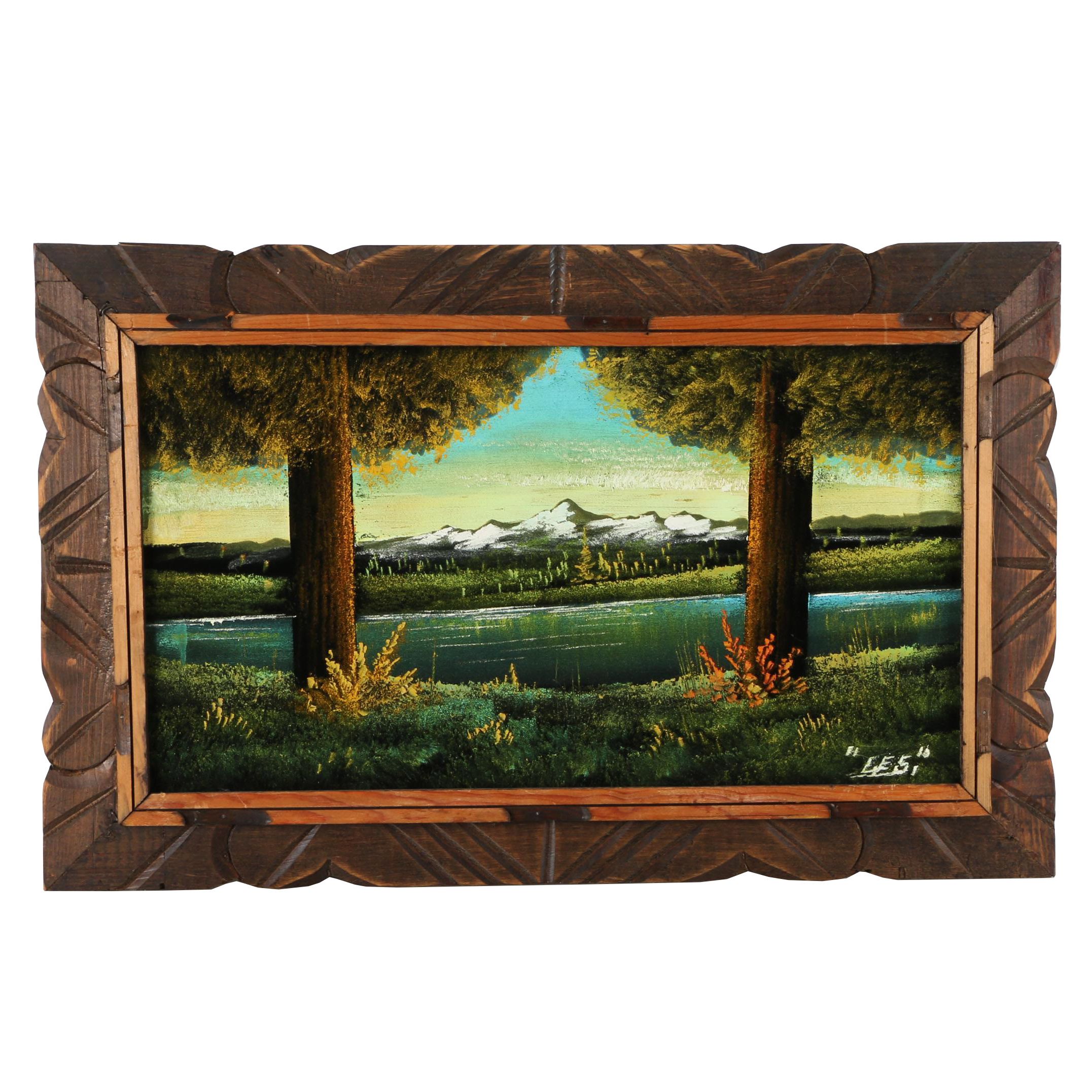 Oil Painting on Stretched Velvet of a River Landscape