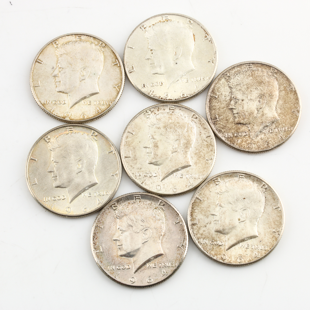 Group of Seven 1964 JFK Silver Half Dollars