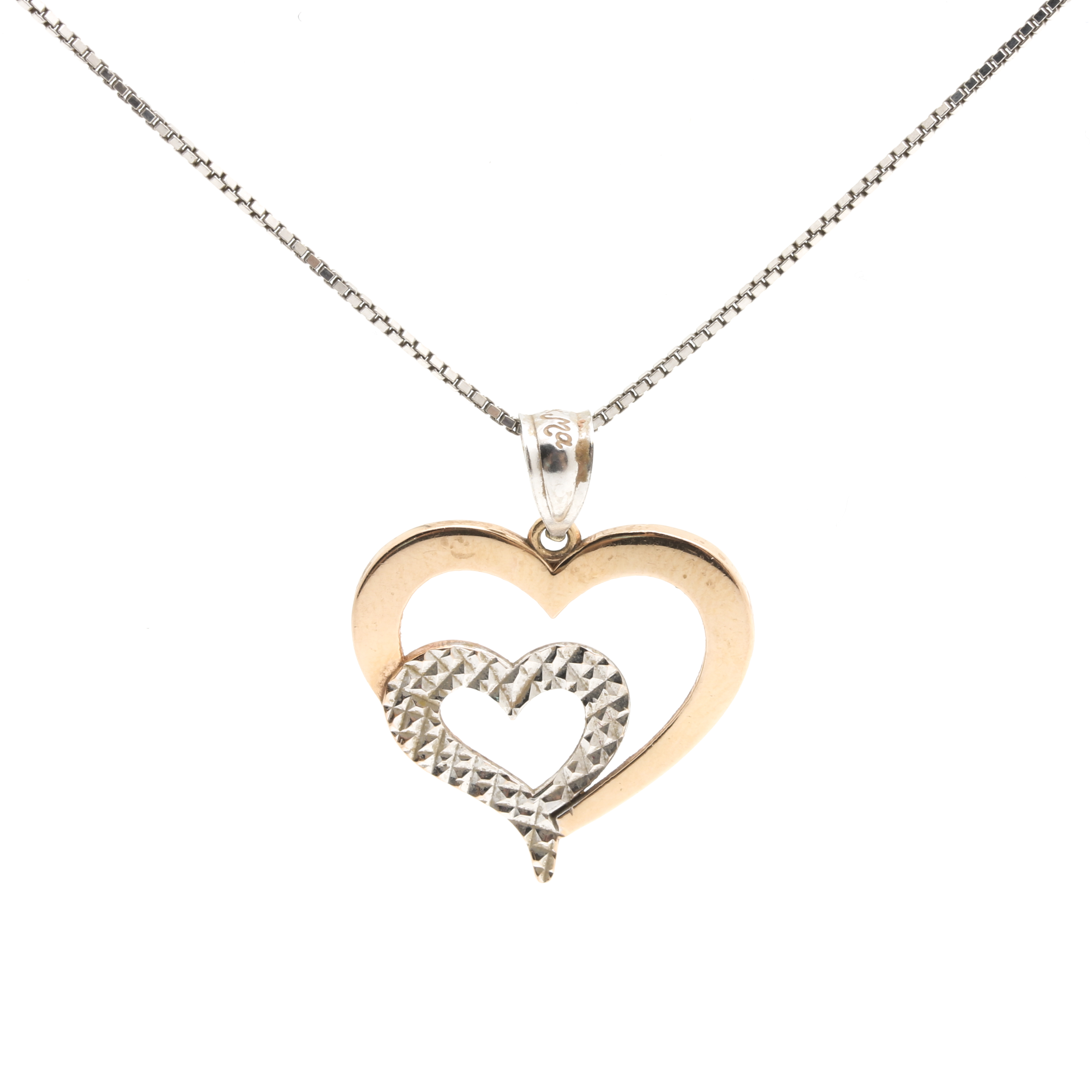 14K Two Tone Double Heart Pendant Necklace