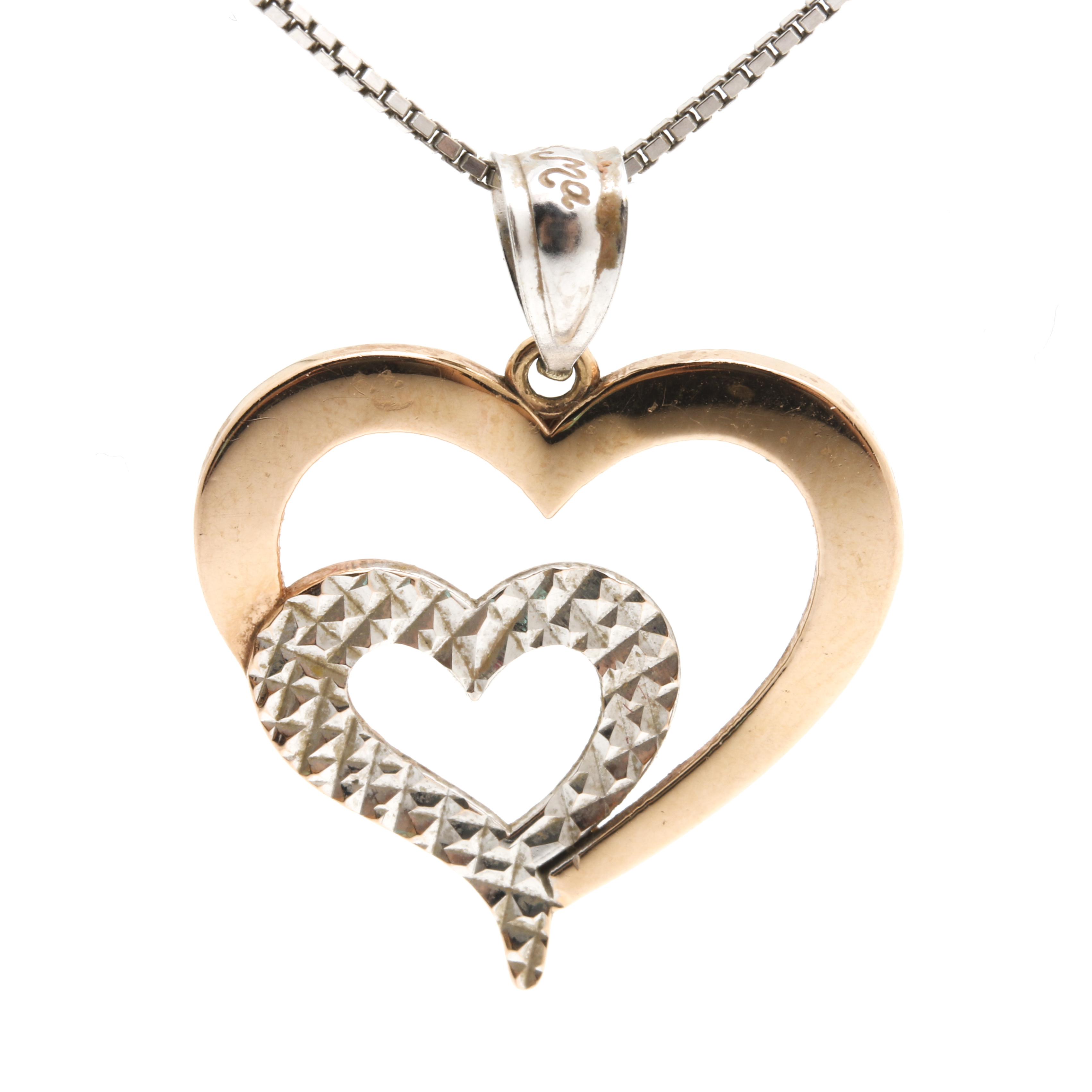 14K Two Tone Double Heart Pendant Necklace