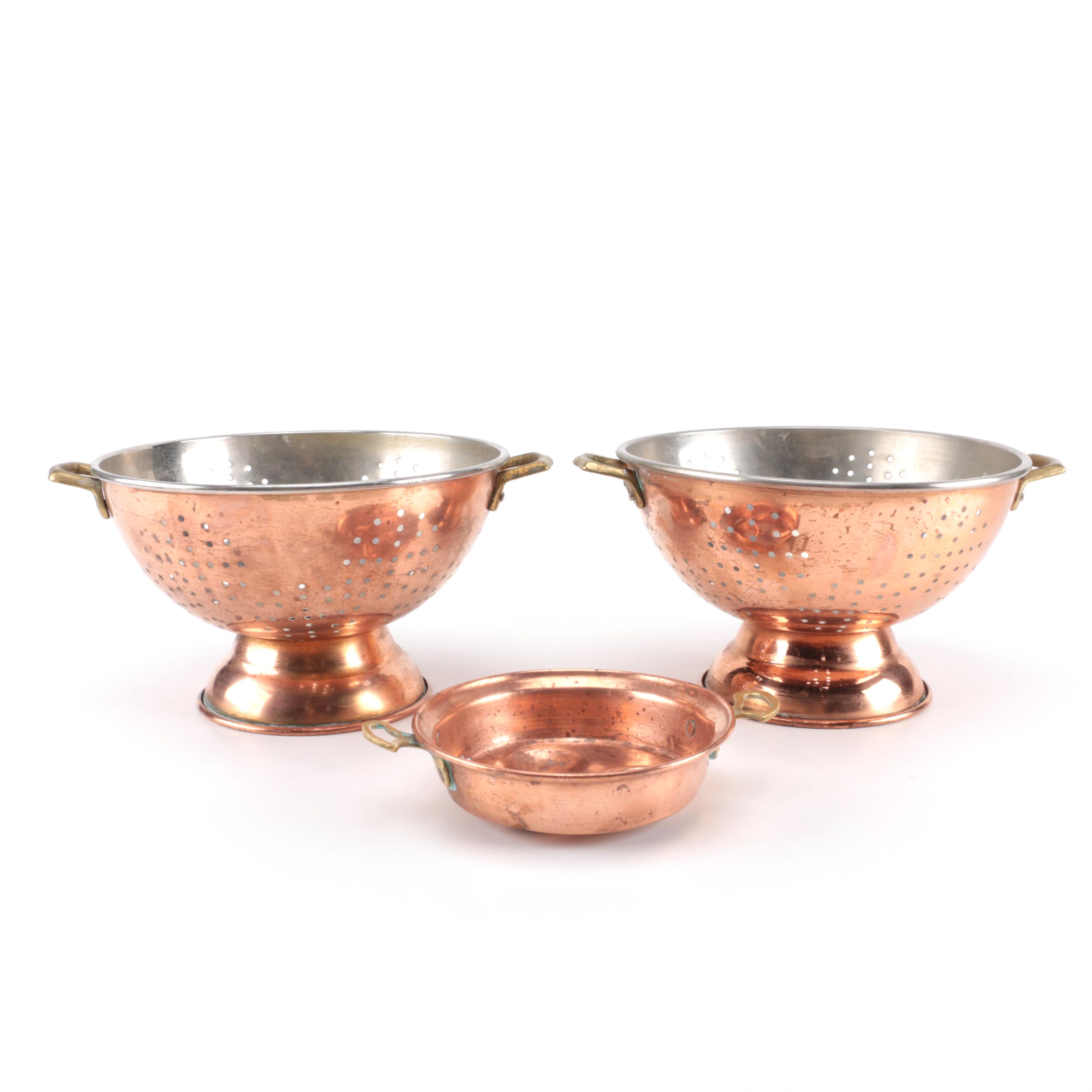 Pair of Copper Colanders and a Copper Egg Pan
