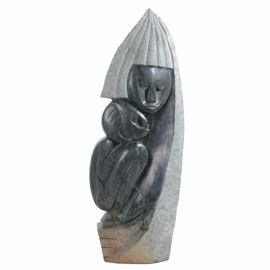 Carved Soapstone Sculpture of a Mother and Child