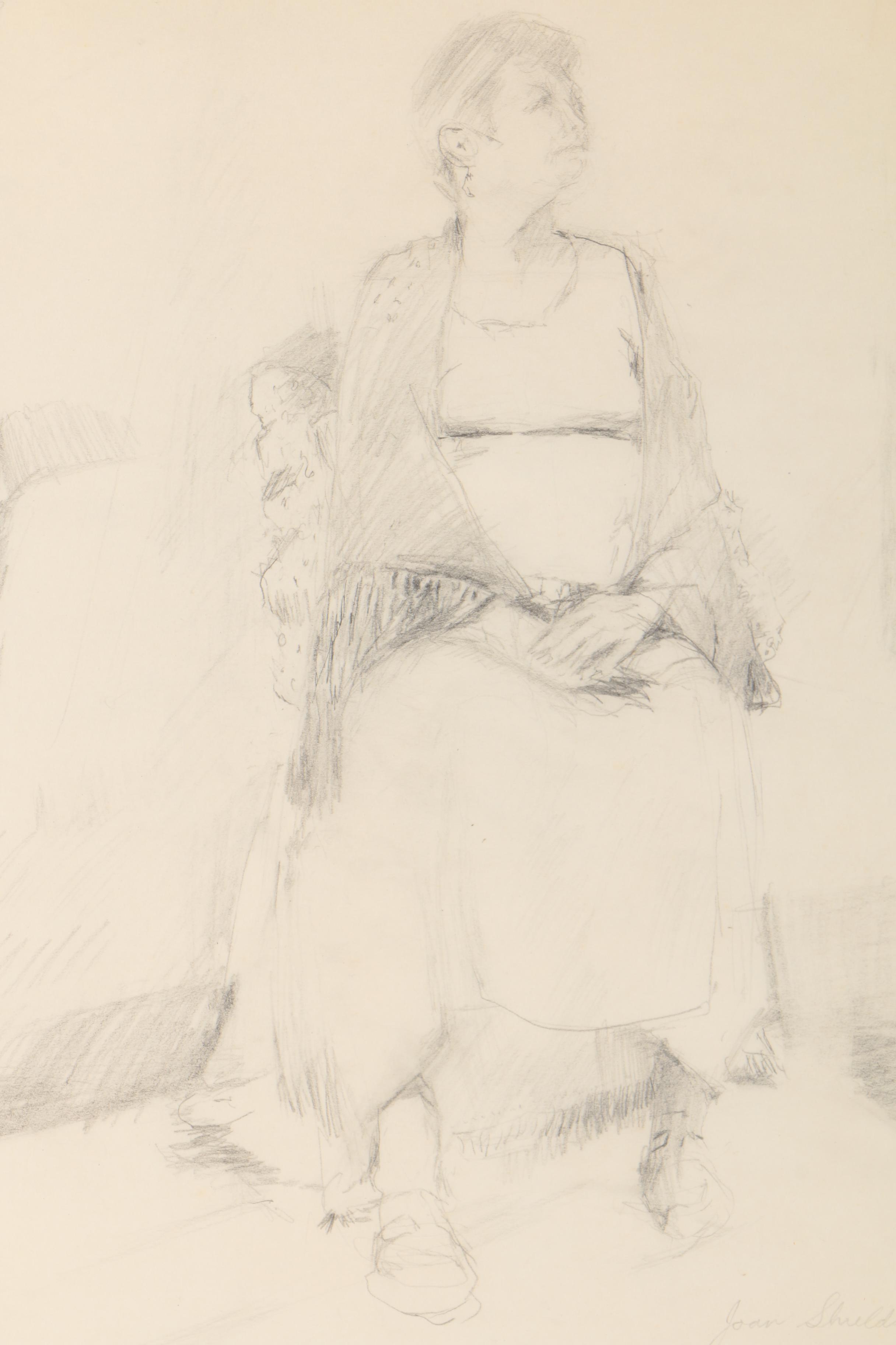 Joan Shields Pencil Drawing of Seated Woman in Shawl