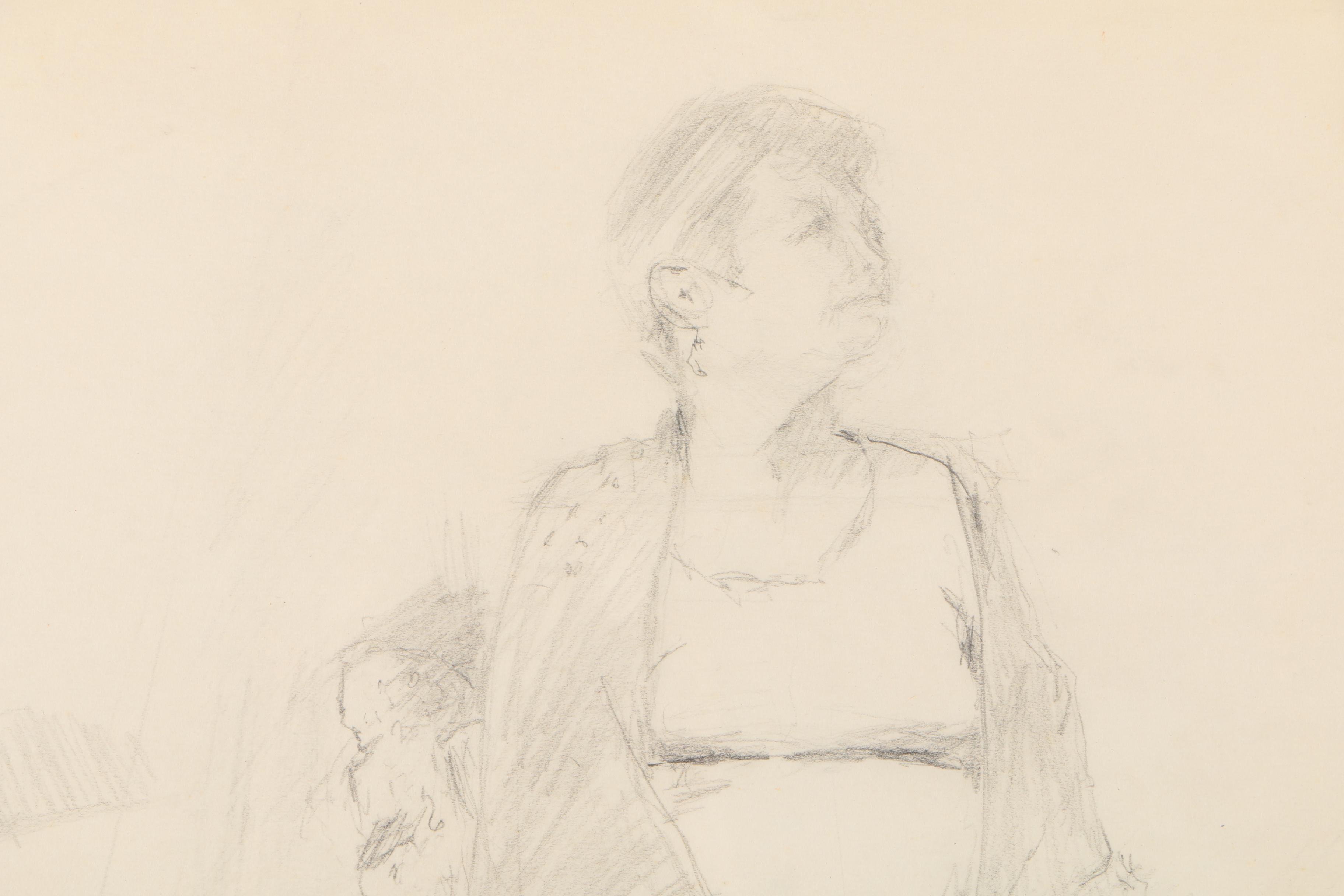Joan Shields Pencil Drawing of Seated Woman in Shawl