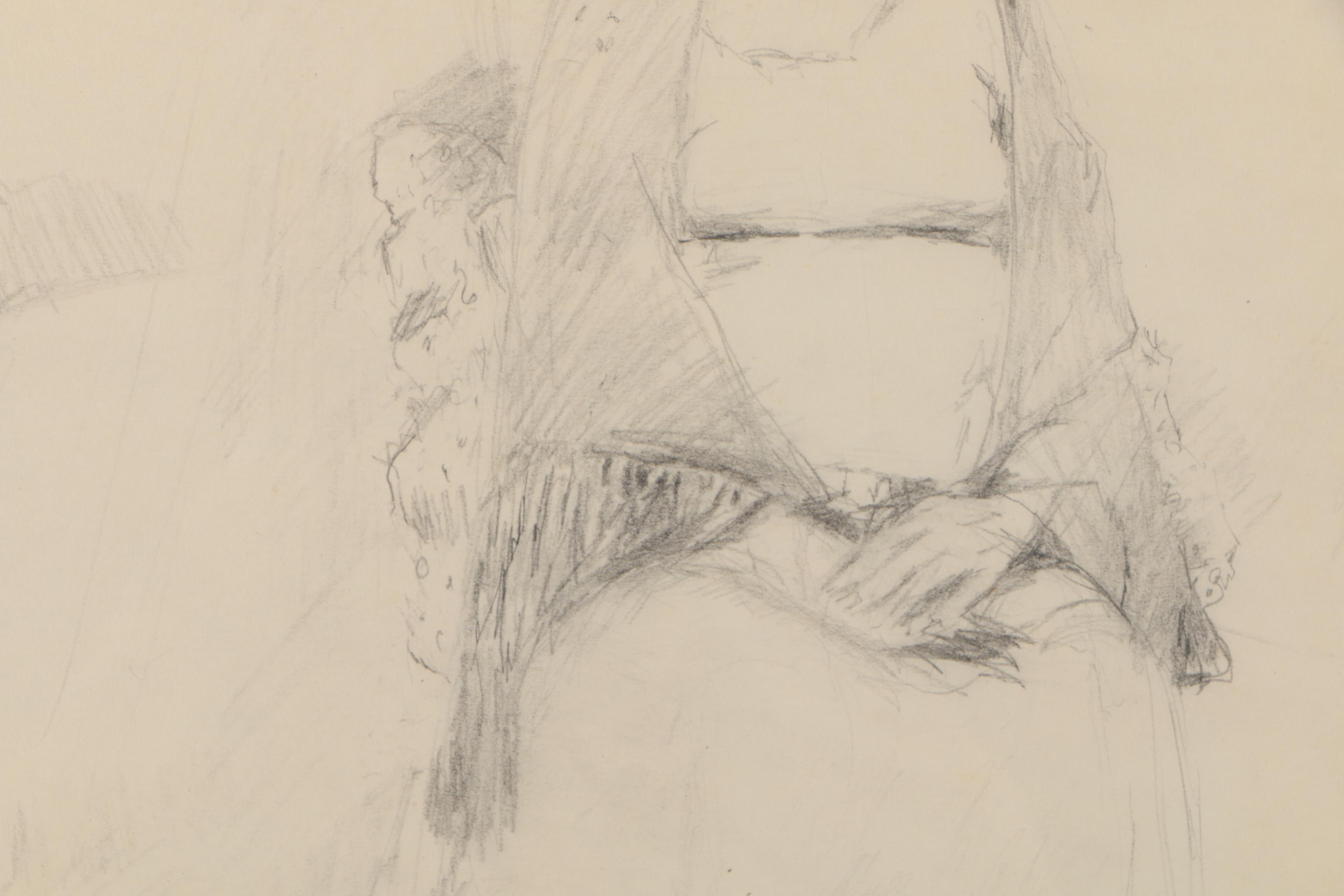 Joan Shields Pencil Drawing of Seated Woman in Shawl