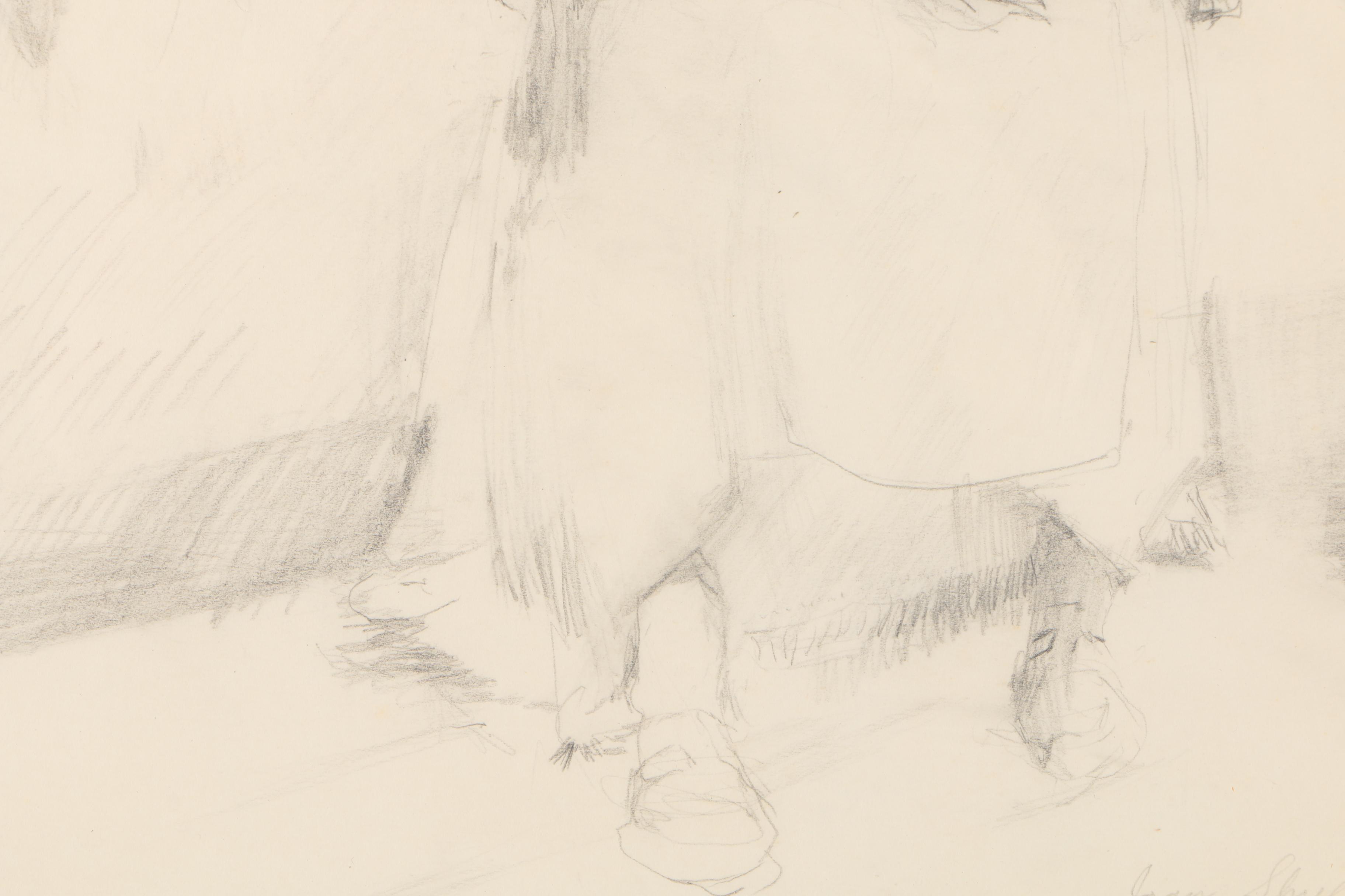 Joan Shields Pencil Drawing of Seated Woman in Shawl