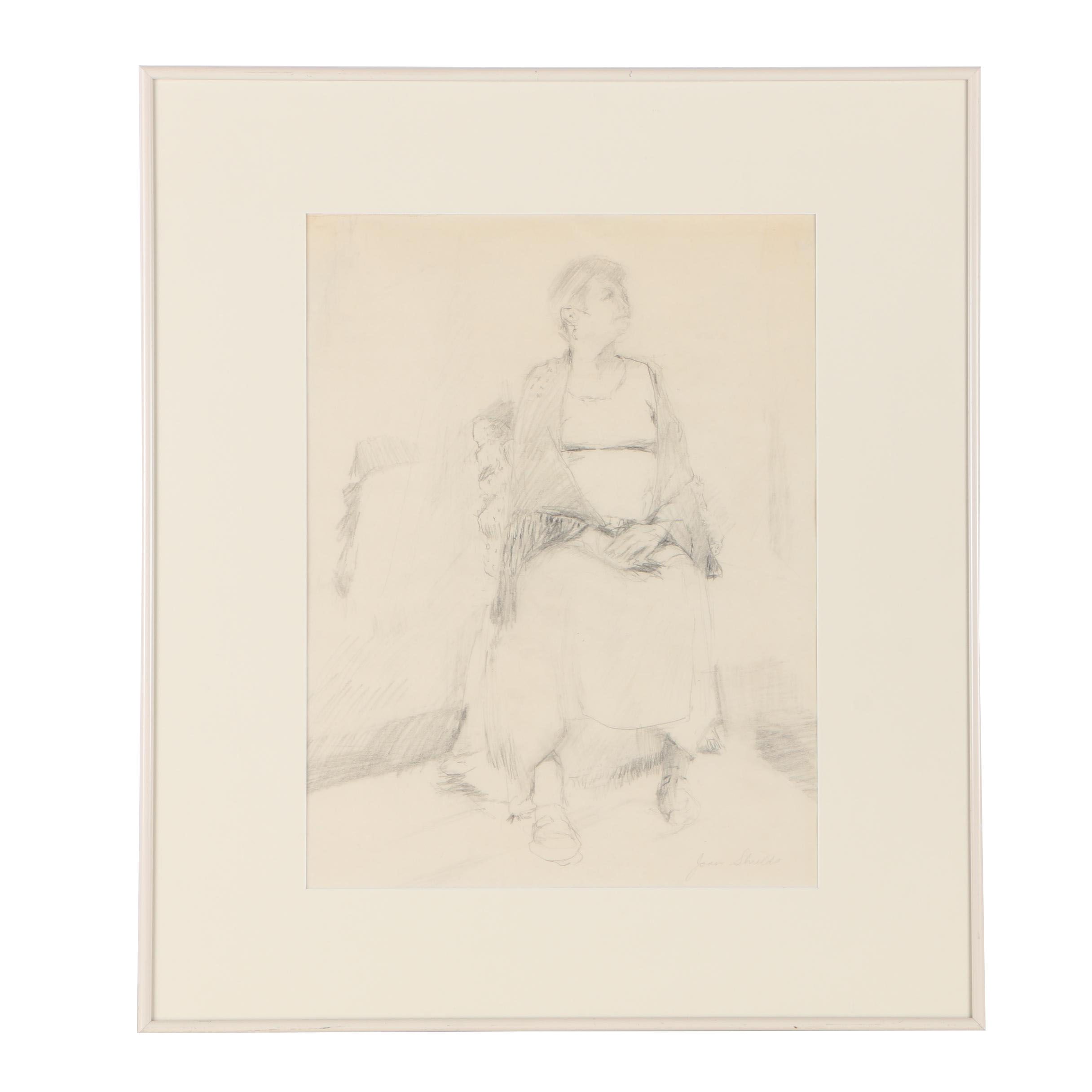 Joan Shields Pencil Drawing of Seated Woman in Shawl