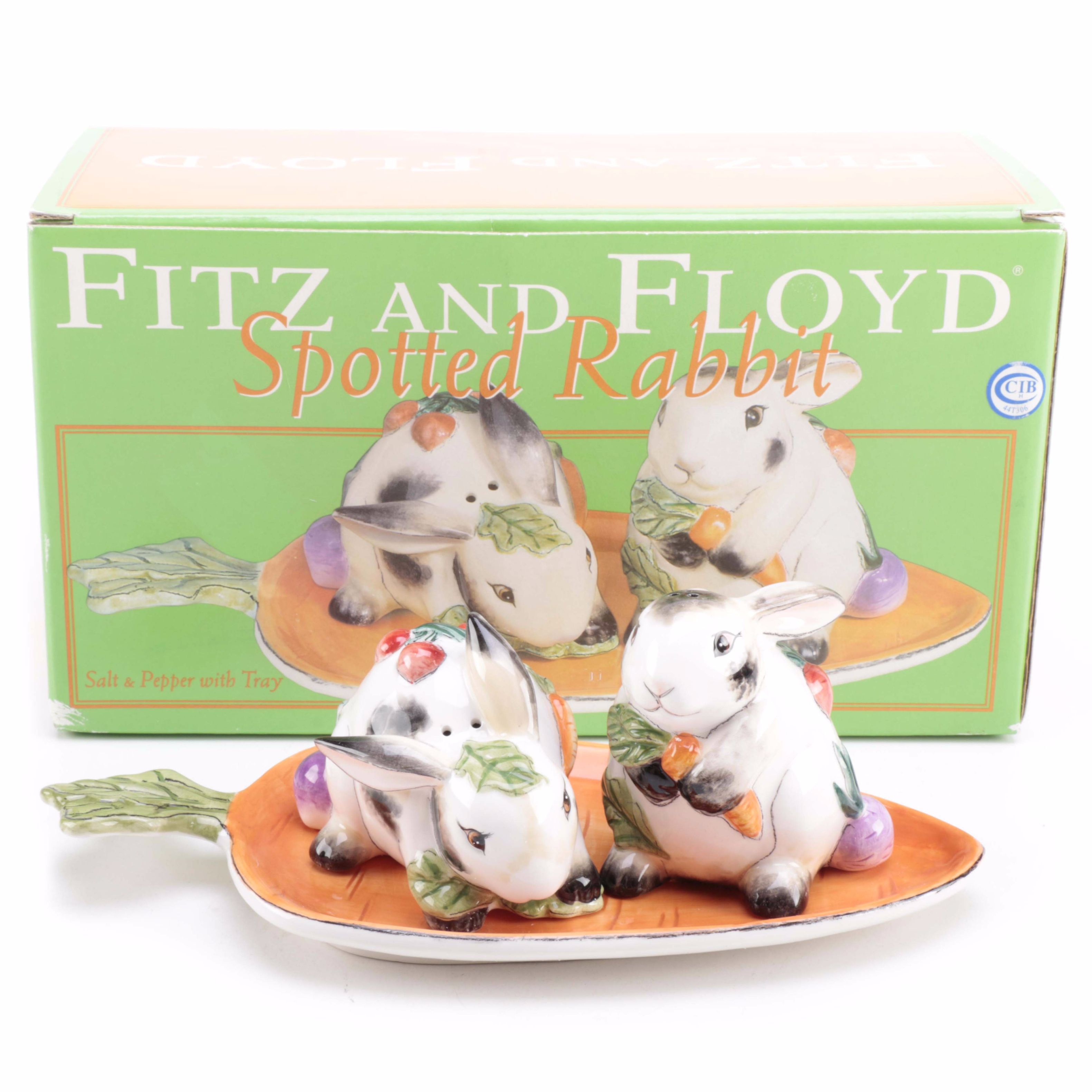 Fitz and Floyd Spotted Rabbit Salt and Pepper Set with Tray
