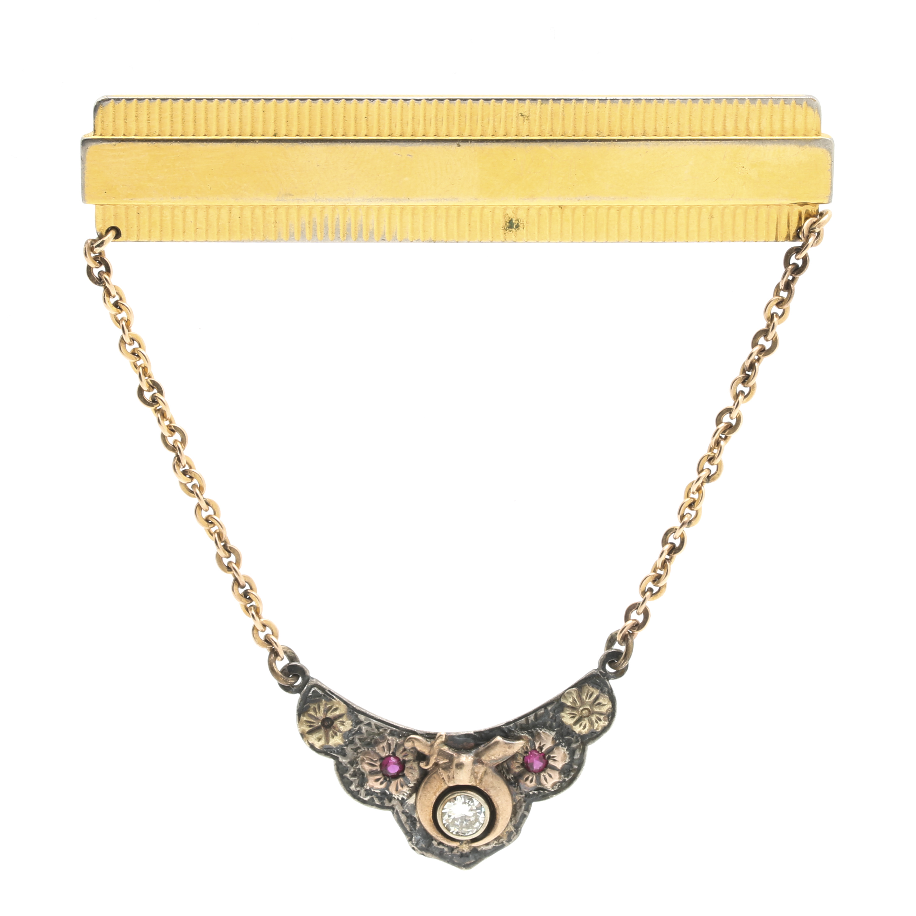 Victorian Revival Mixed Metal Diamond and Ruby Brooch