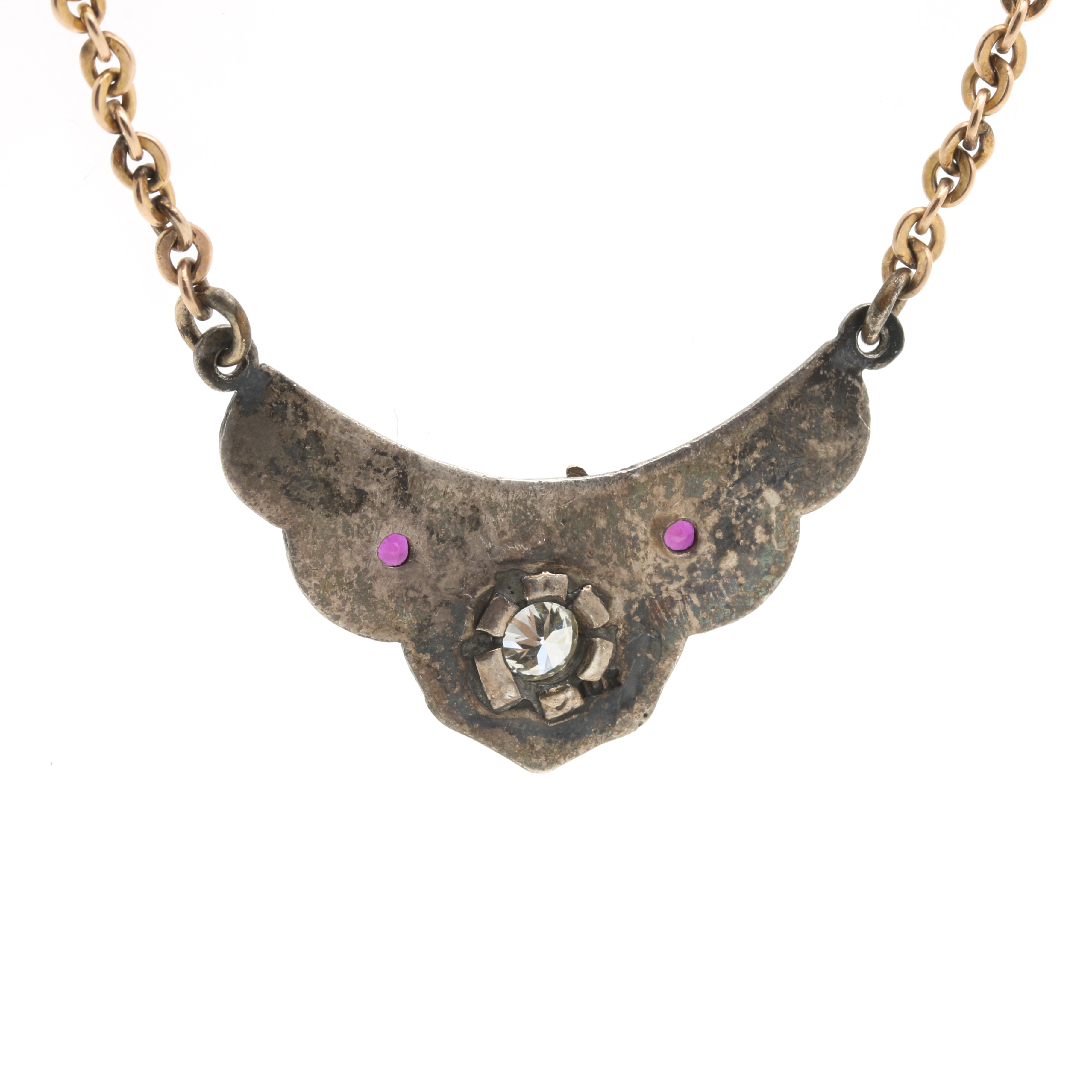 Victorian Revival Mixed Metal Diamond and Ruby Brooch