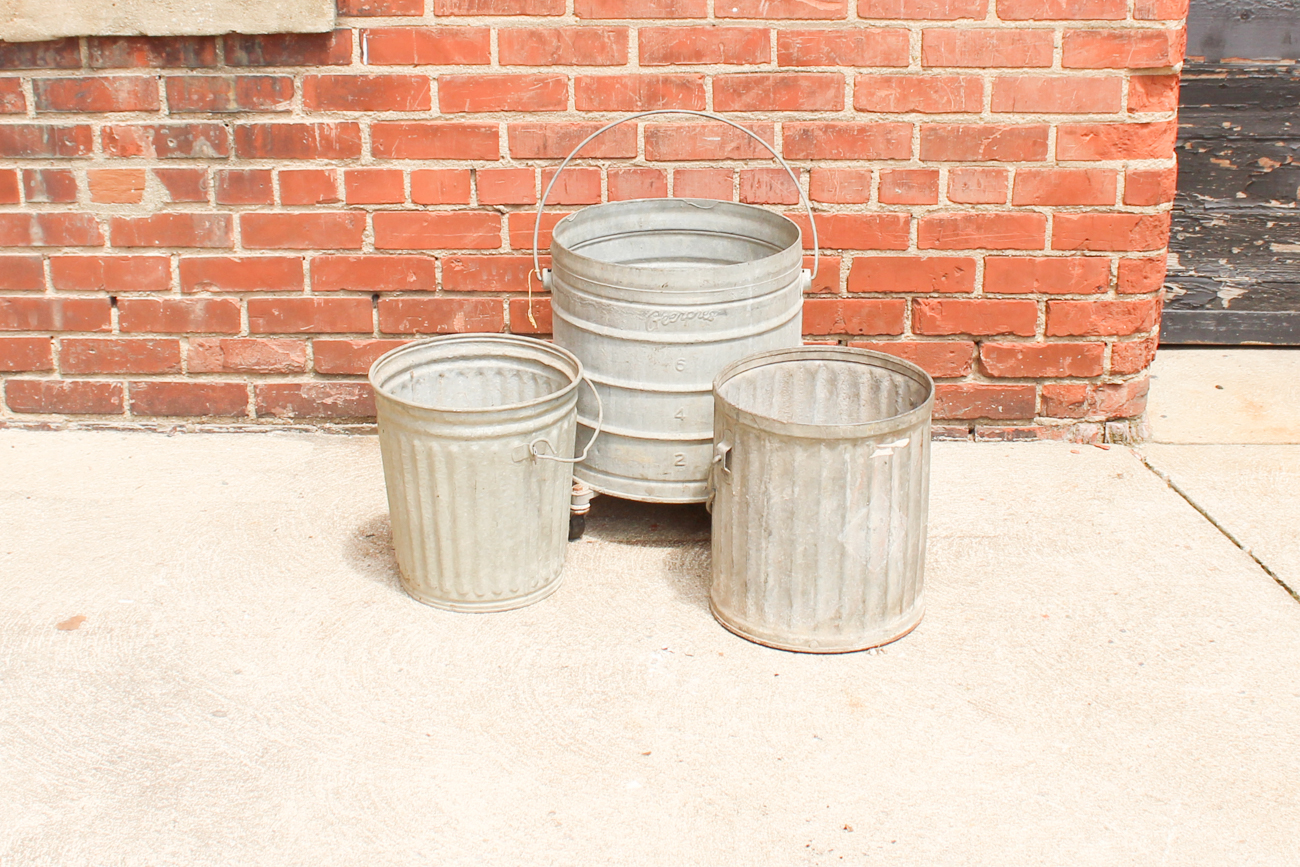 Three Galvanized Aluminum Trash Bins