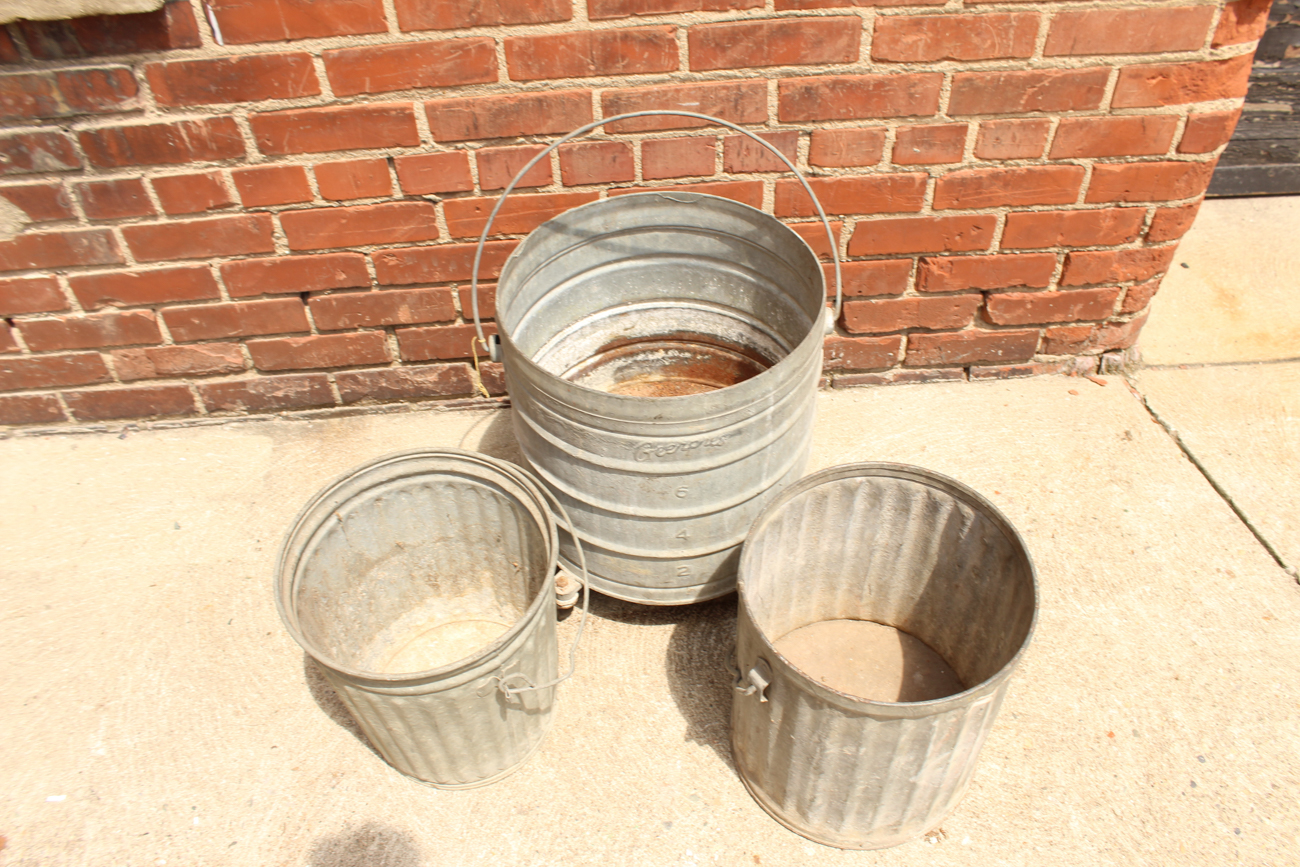 Three Galvanized Aluminum Trash Bins