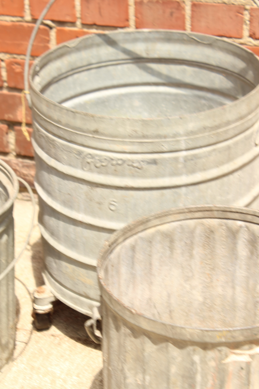 Three Galvanized Aluminum Trash Bins