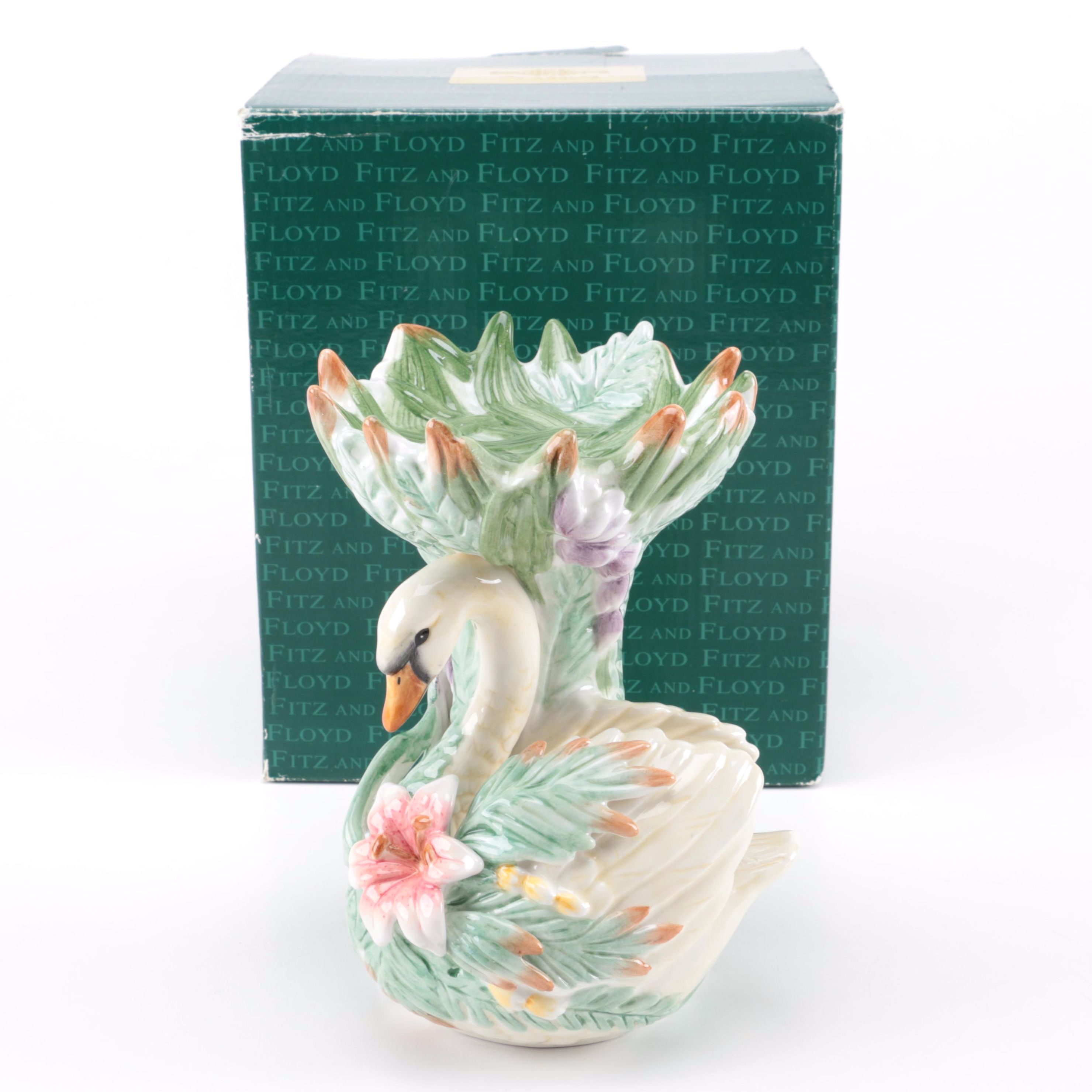 Fitz and Floyd Classics "Floral Swan" Ceramic Pillar Candleholder