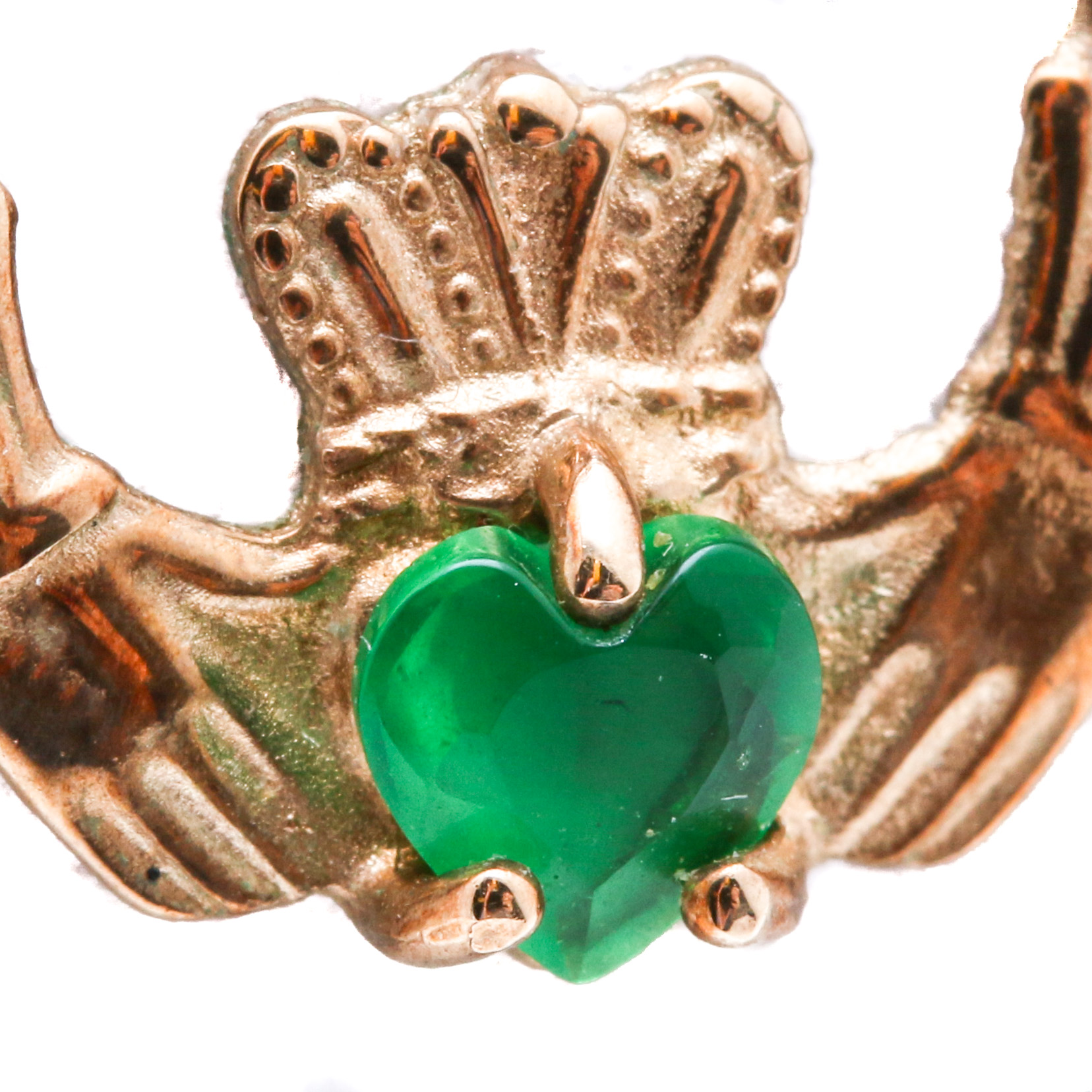 10K Yellow Gold Green Glass Claddagh Pendant Necklace