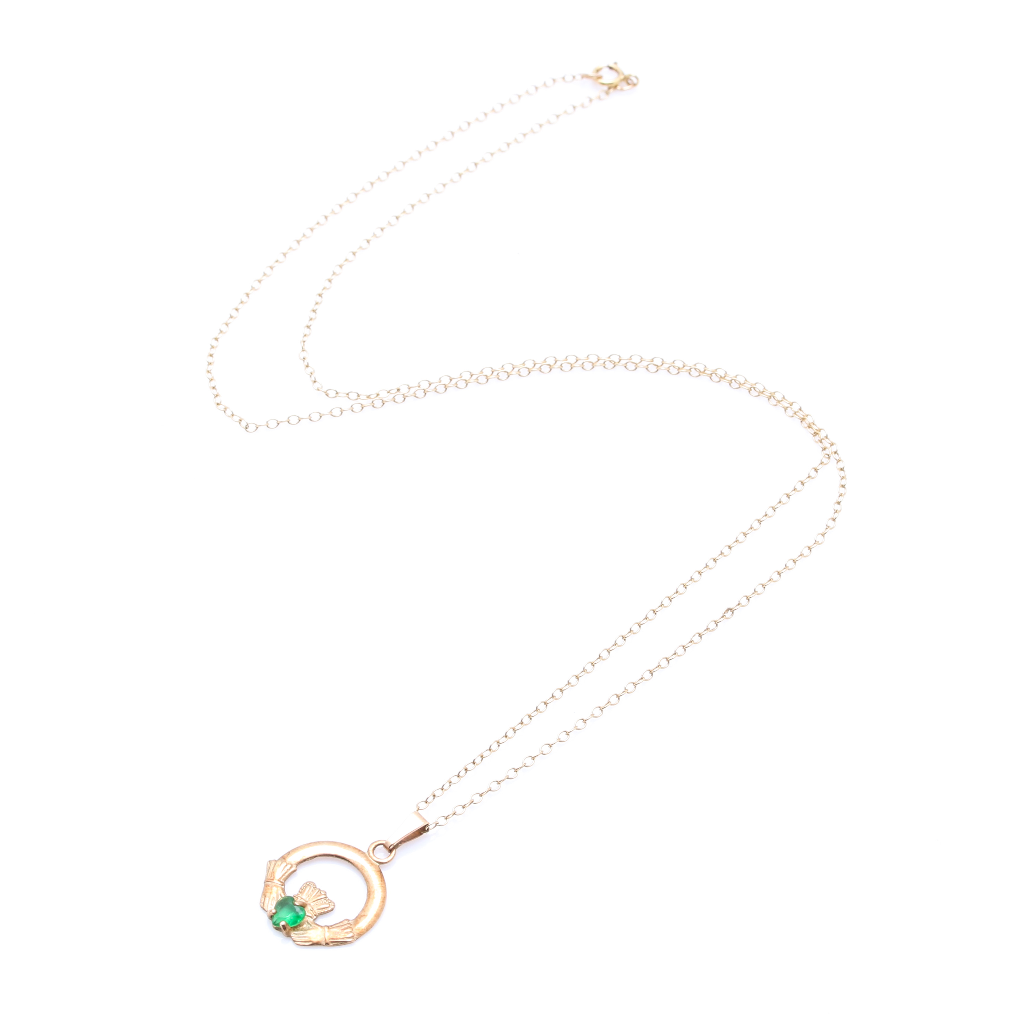 10K Yellow Gold Green Glass Claddagh Pendant Necklace